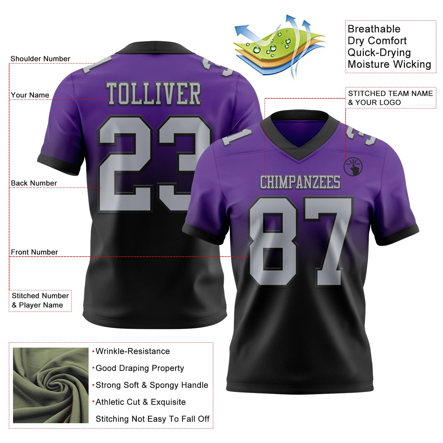 Custom Purple Gray-Black Authentic Fade Fashion Football Jersey