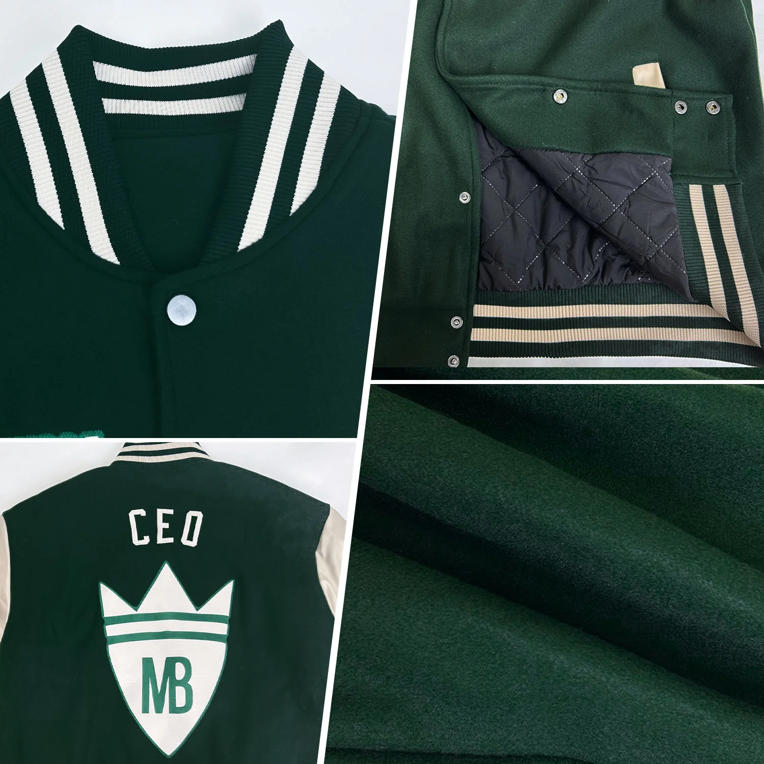 Custom Green Cream Bomber Full-Snap Varsity Letterman Two Tone Jacket