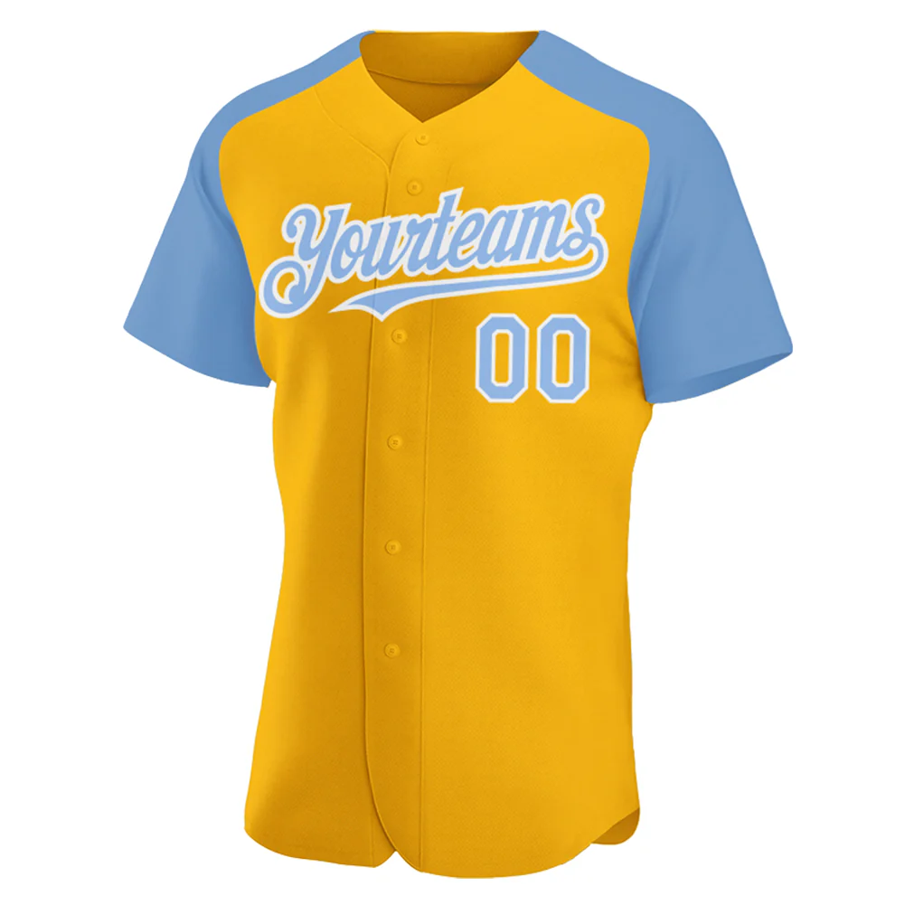 Custom Gold Light Blue-White Authentic Raglan Sleeves Baseball Jersey