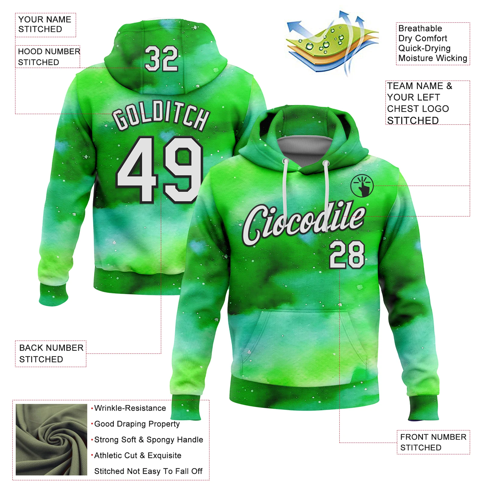 Custom Stitched Green White-Black 3D Pattern Design Watercolor Sports Pullover Sweatshirt Hoodie