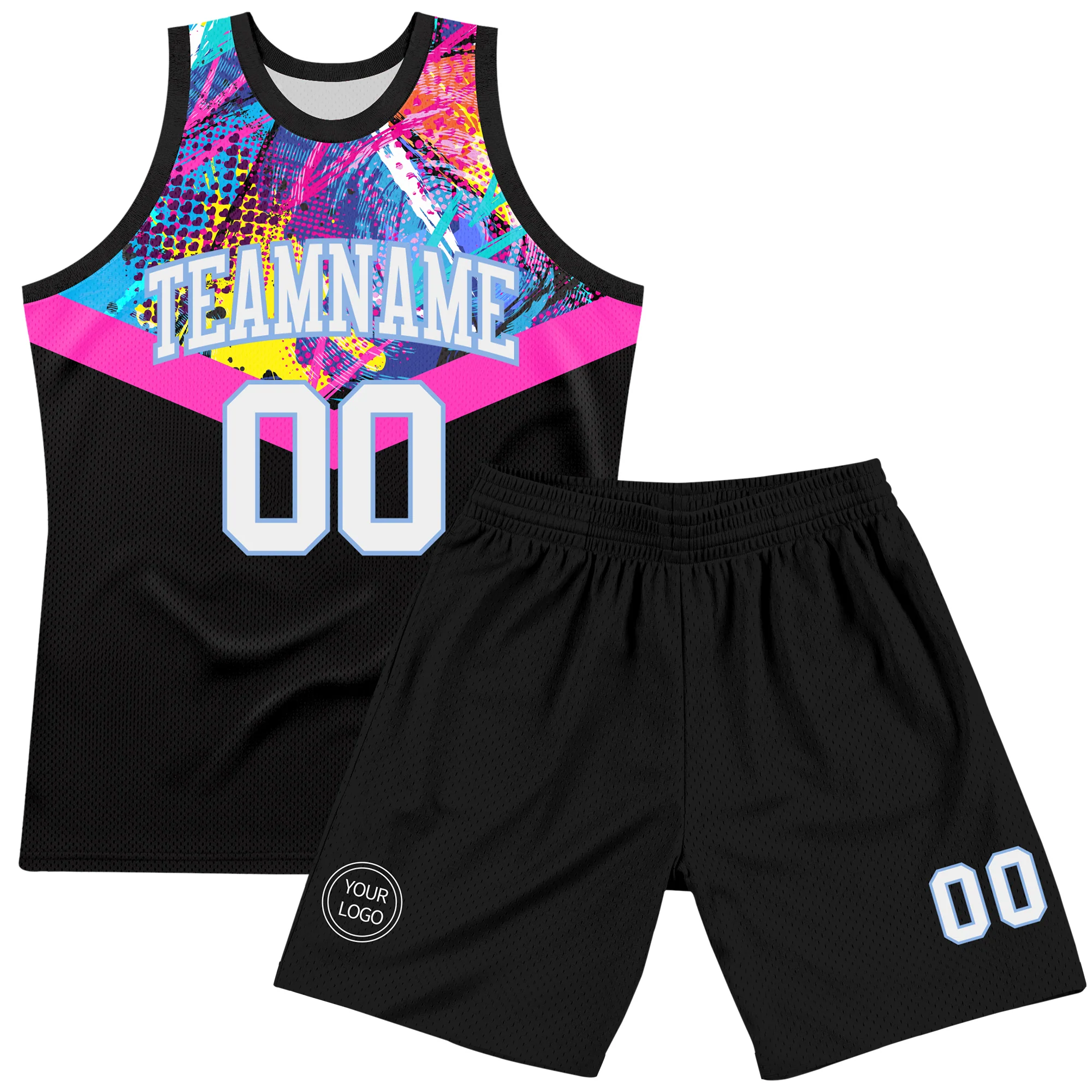 Custom Black White Pink-Light Blue Splash Round Neck Sublimation Basketball Suit Jersey