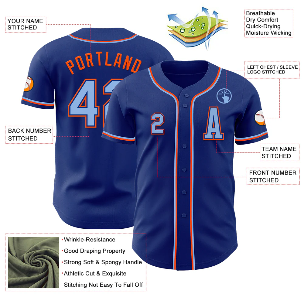 Custom Royal Light Blue-Orange Authentic Baseball Jersey