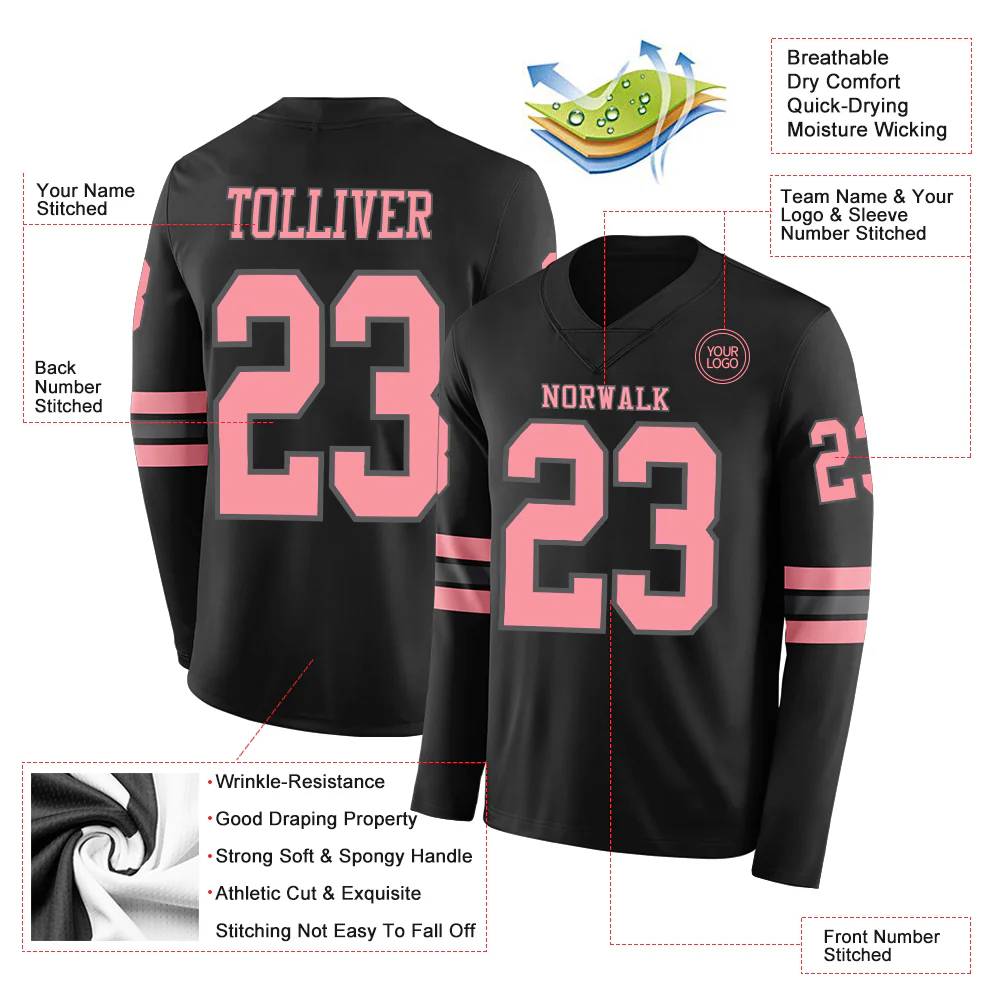 Custom Black Medium Pink-Steel Gray Long Sleeve Authentic Football Jersey