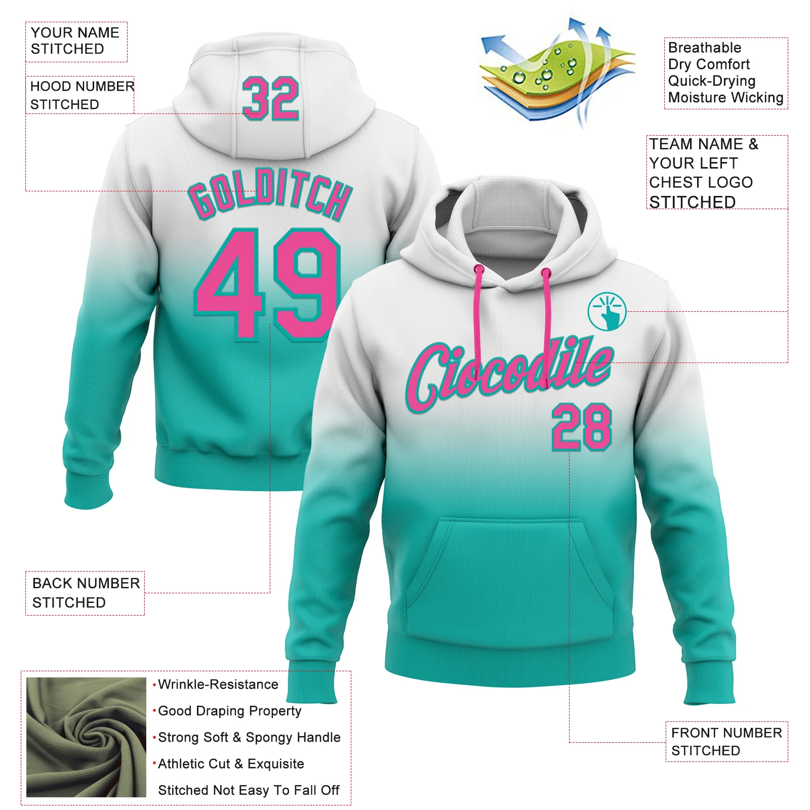 Custom Stitched White Pink-Aqua Fade Fashion Sports Pullover Sweatshirt Hoodie