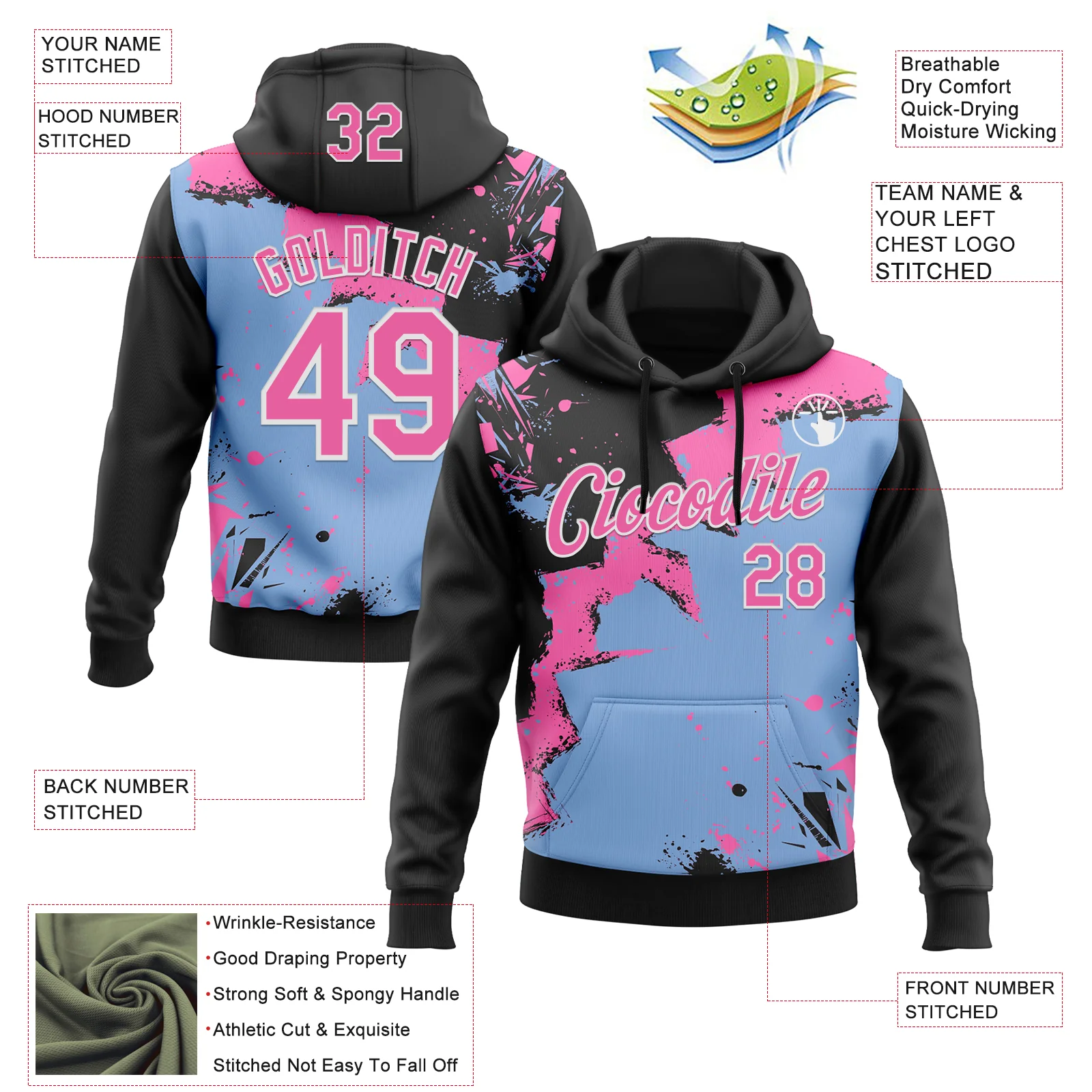 Custom Stitched Black Pink Light Blue-White 3D Pattern Design Splash Torn Paper Style Sports Pullover Sweatshirt Hoodie