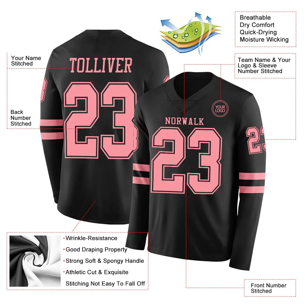 Custom Black Medium Pink Long Sleeve Authentic Football Jersey