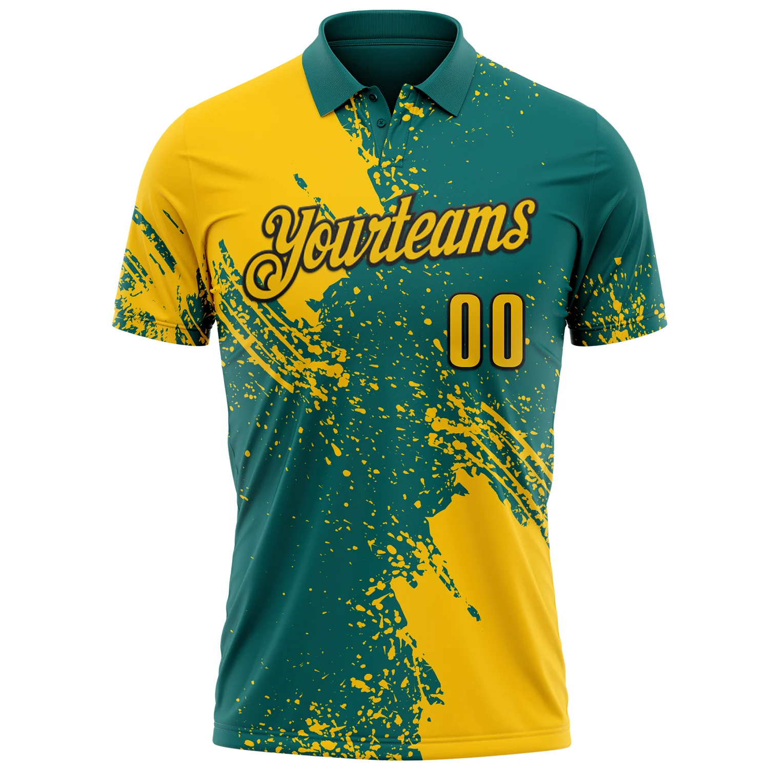 Custom Yellow Teal-Black 3D Pattern Design Abstract Brush Stroke Performance Polo Shirt