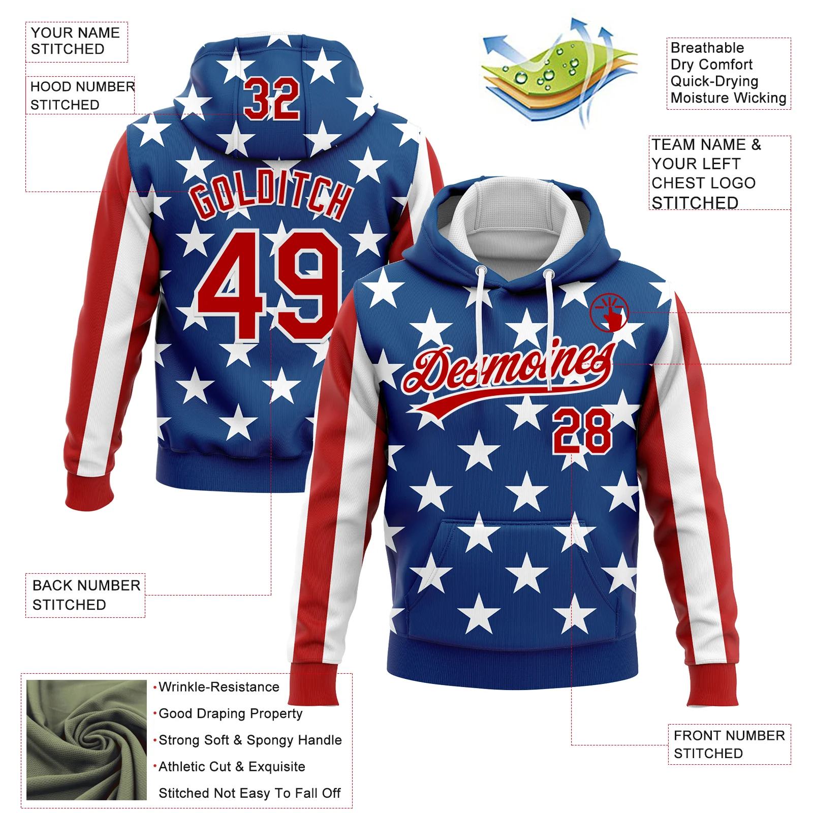 Custom Stitched Royal Red-White 3D American Flag Sports Pullover Sweatshirt Hoodie