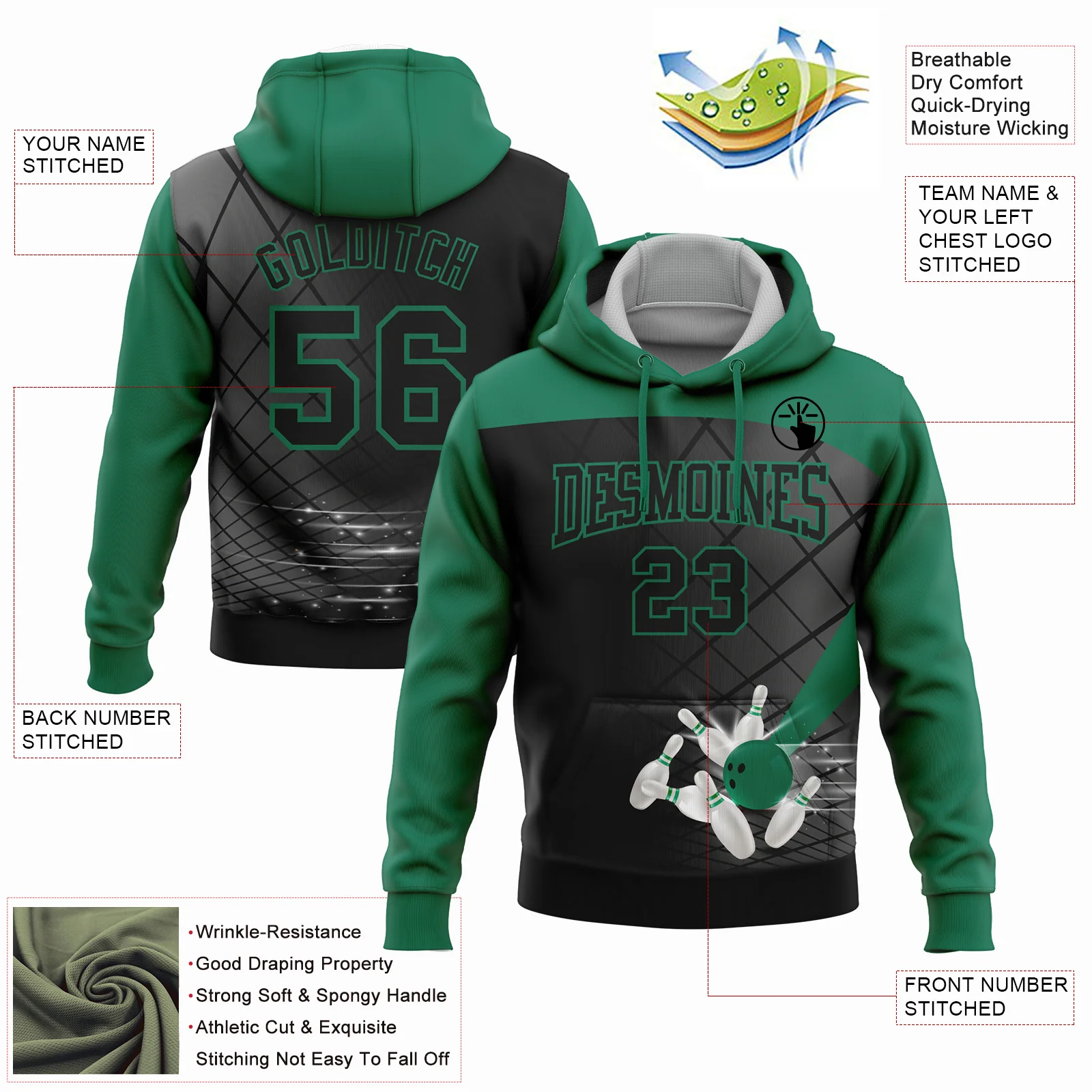 Custom Black Kelly Green 3D Bowling Sports Pullover Sweatshirt Hoodie