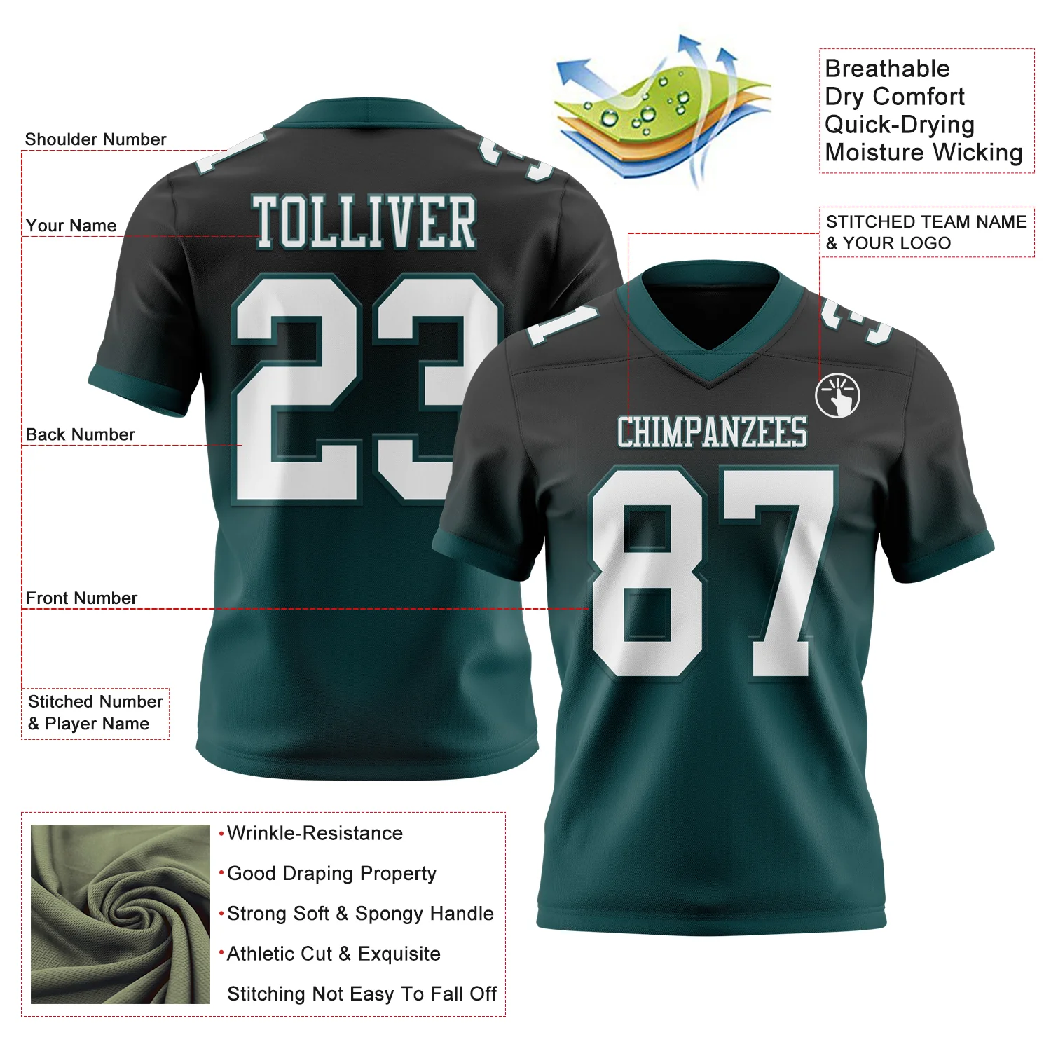 Custom Black White-Midnight Green Authentic Fade Fashion Football Jersey