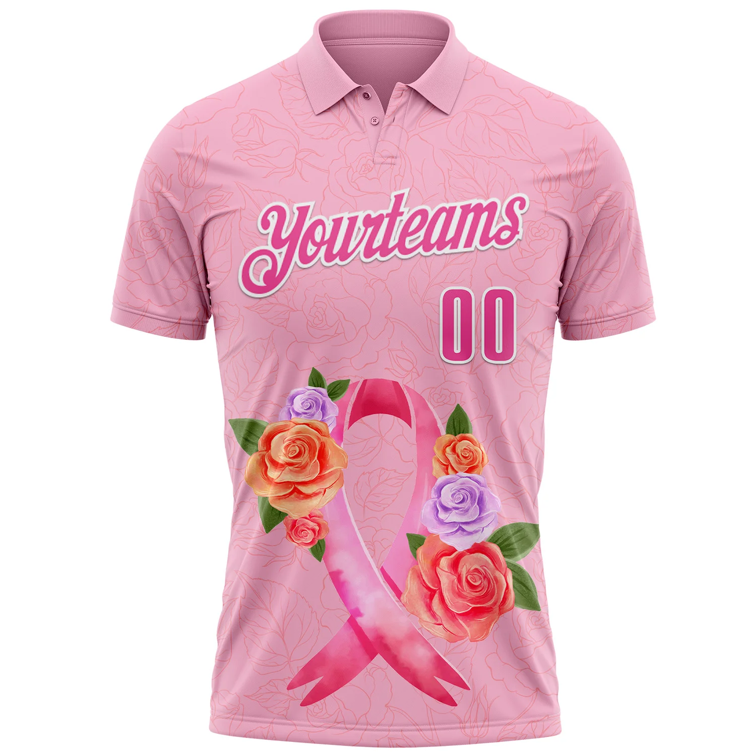 Custom Light Pink Pink-White 3D Pink Ribbon Breast Cancer Awareness Month Women Health Care Support Floral Performance Polo Shirt