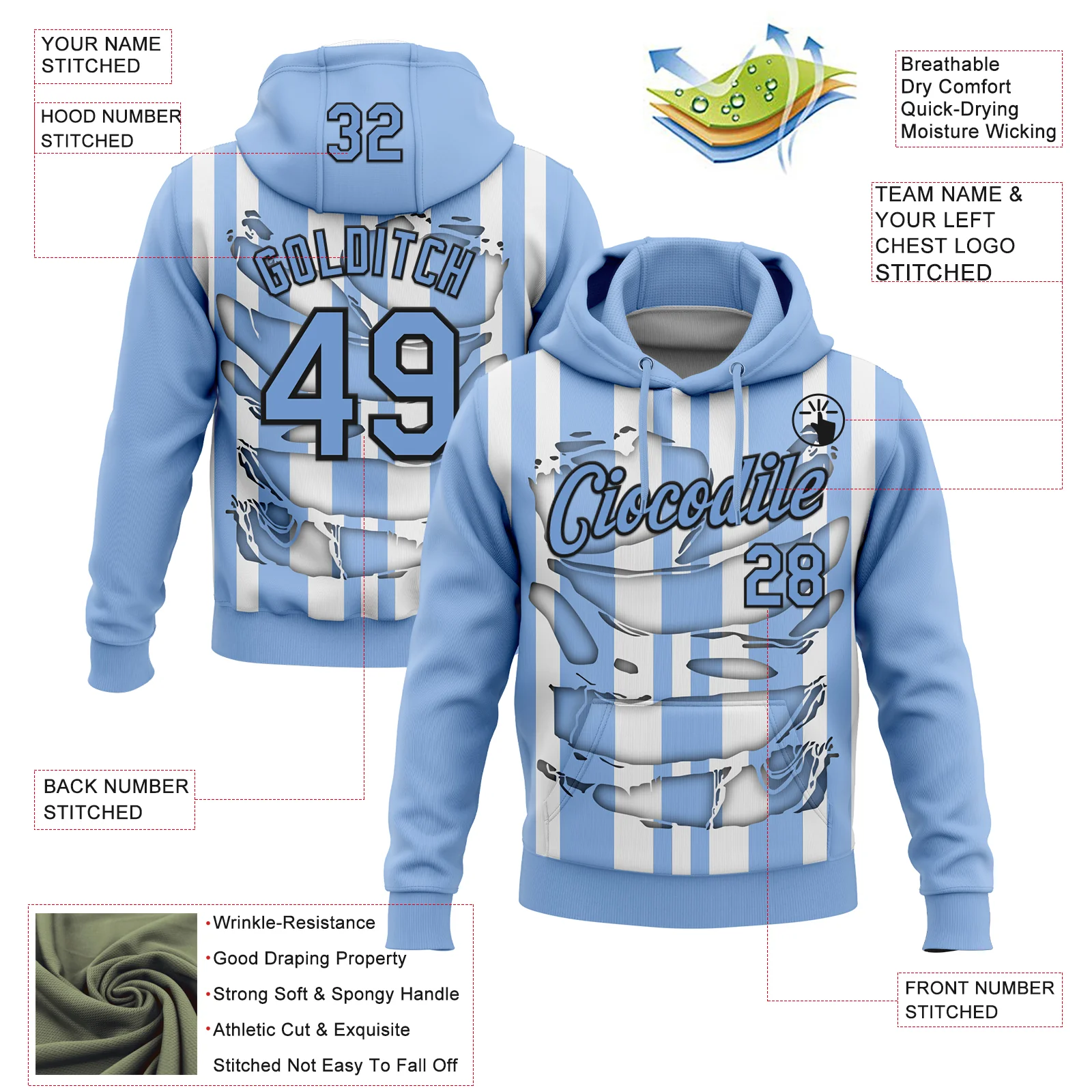 Custom Stitched Light Blue White-Black 3D Pattern Design Stripe Sports Pullover Sweatshirt Hoodie