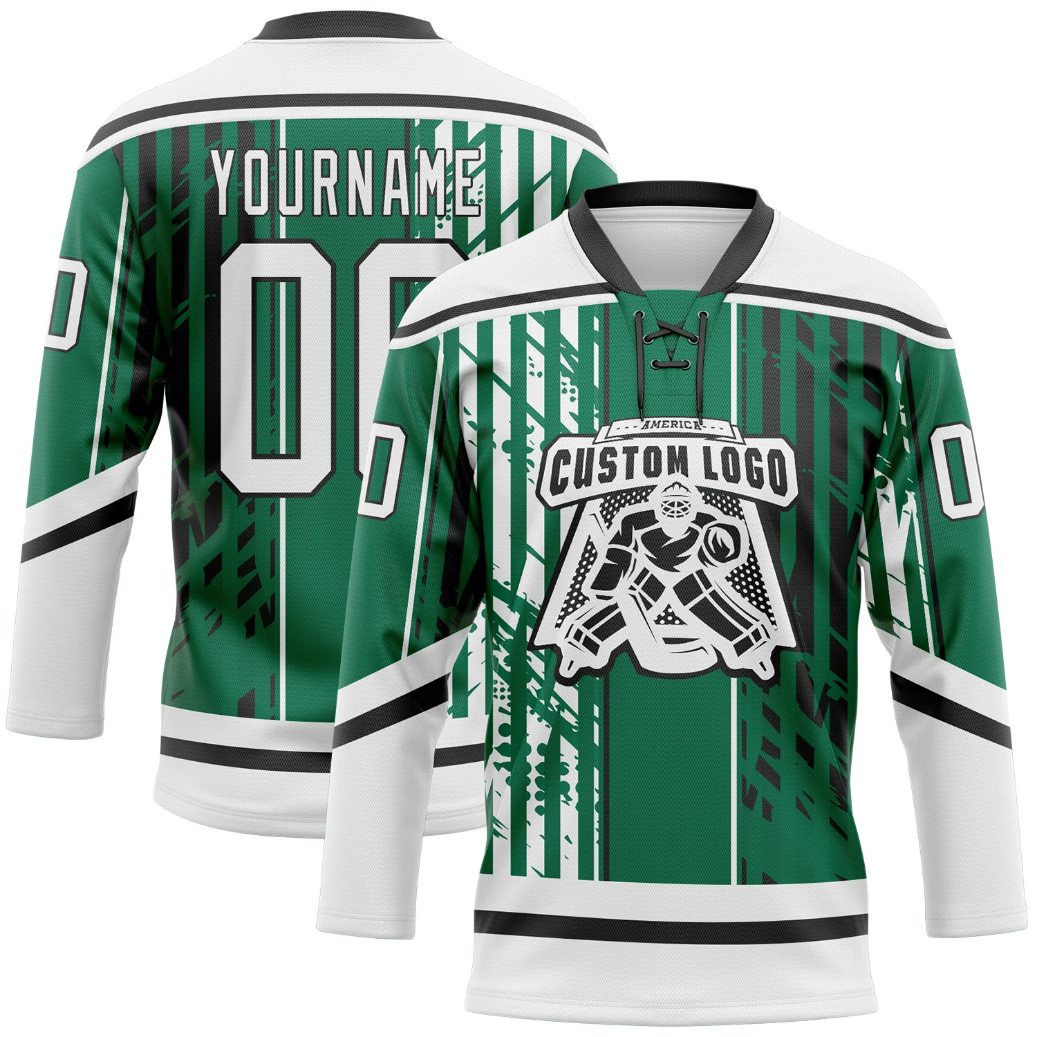 Custom Kelly Green White-Black 3D Pattern Abstract Dallas Inspired Grunge Stripe Hockey Lace Neck Jersey
