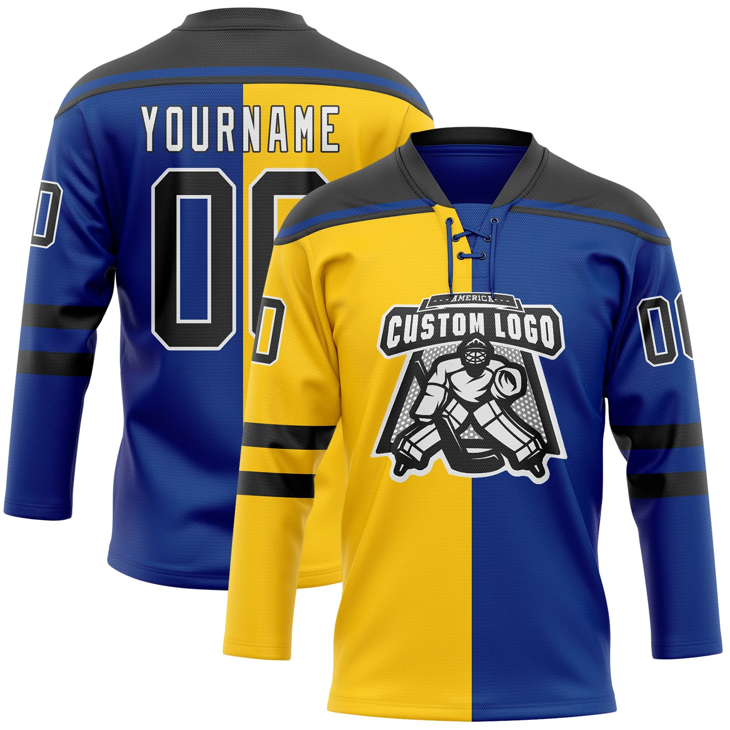 Custom Royal Black Yellow-White Split Fashion Hockey Lace Neck Jersey