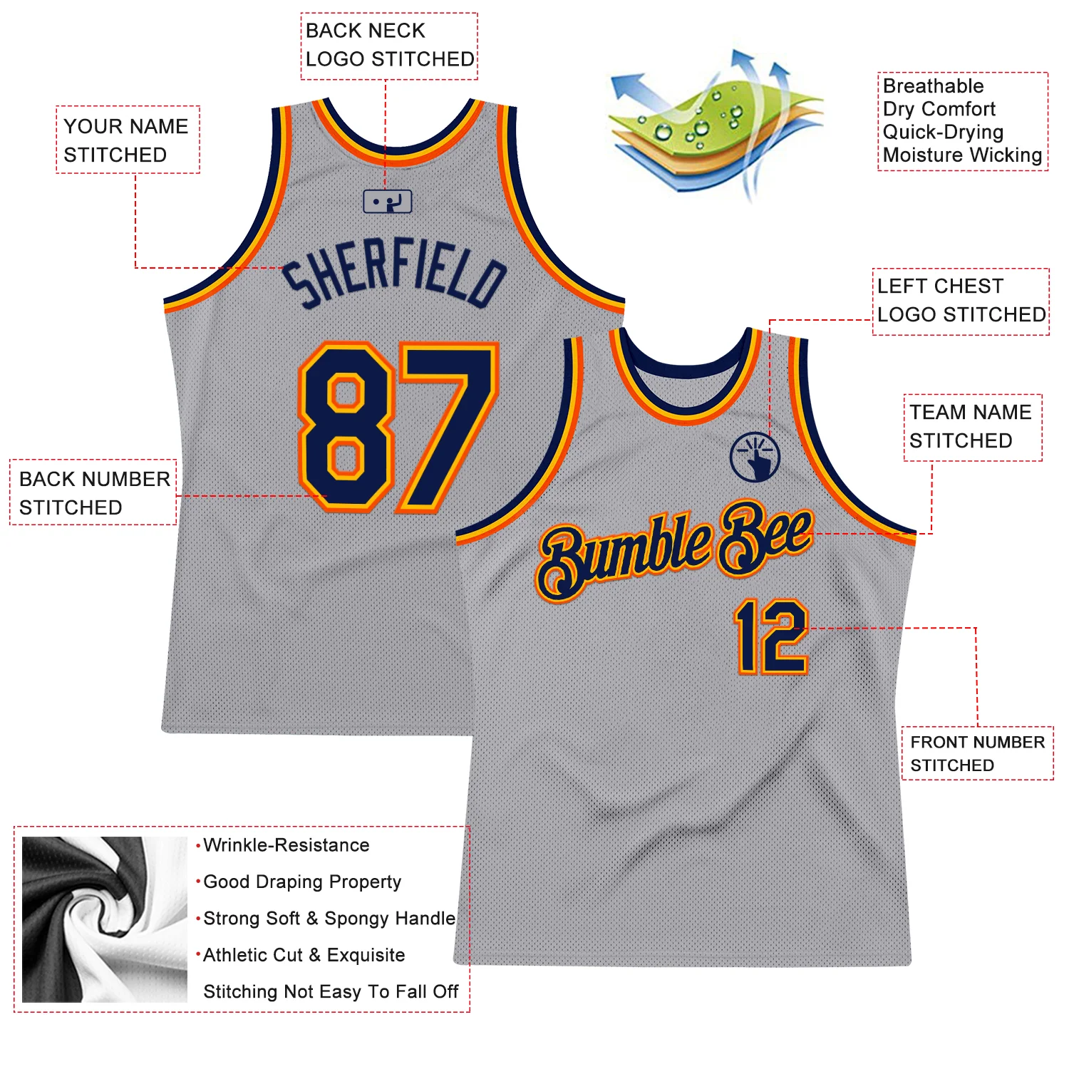 Custom Gray Navy Gold-Orange Authentic Throwback Basketball Jersey