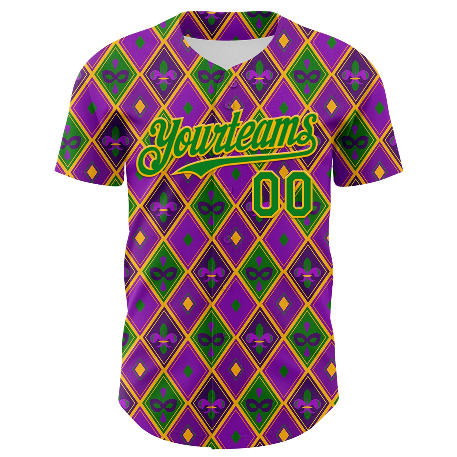 Custom Purple Grass Green-Gold 3D Pattern Design Mardi Gras Shrove Tuesday Authentic Baseball Jersey