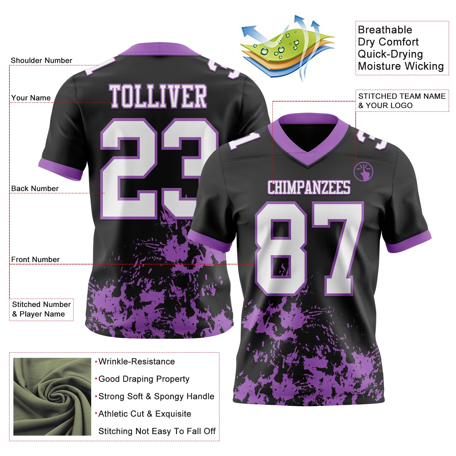 Custom Black White-Medium Purple 3D Pattern Splash Authentic Football Jersey