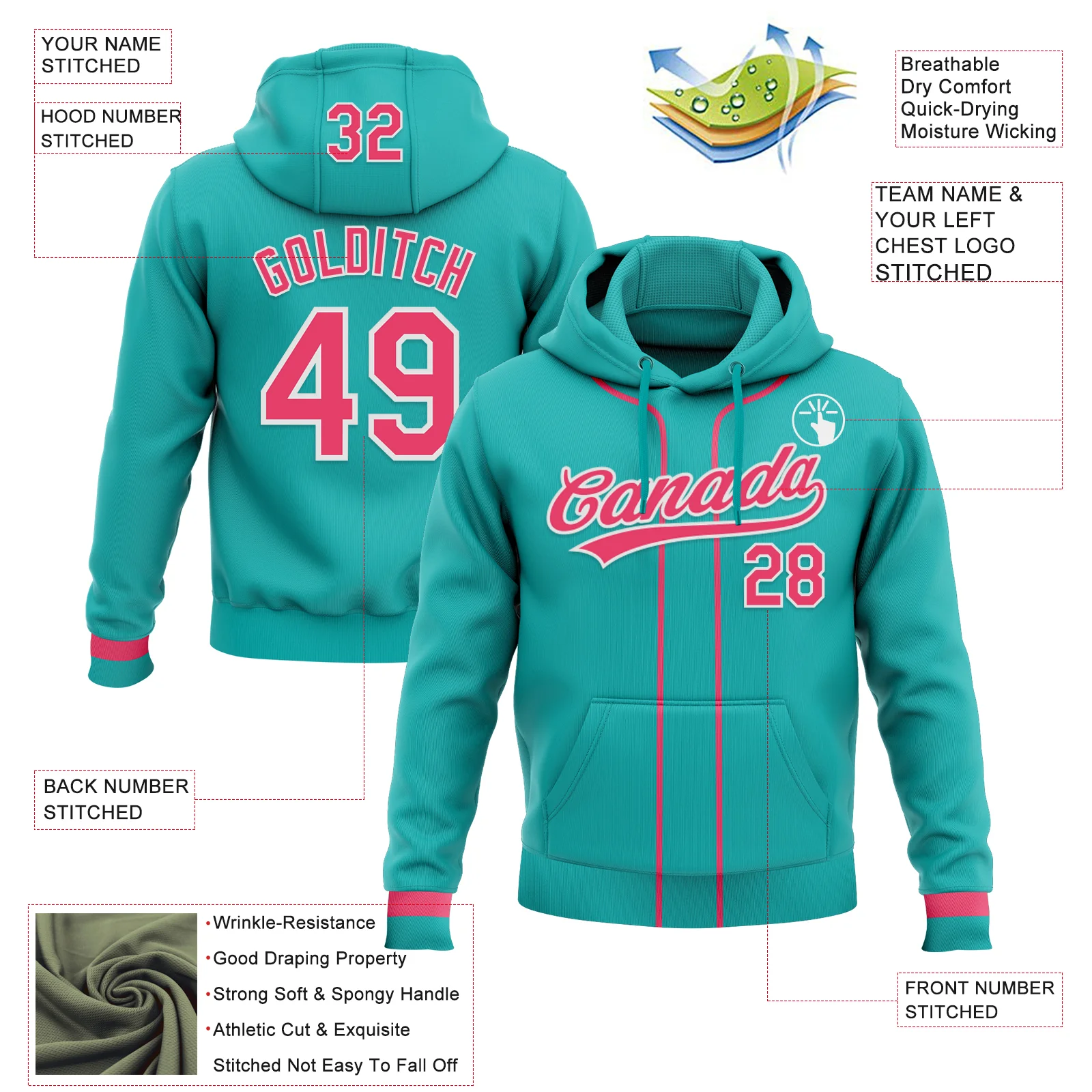 Custom Stitched Aqua Neon Pink-White Baseball Pullover Sweatshirt Hoodie