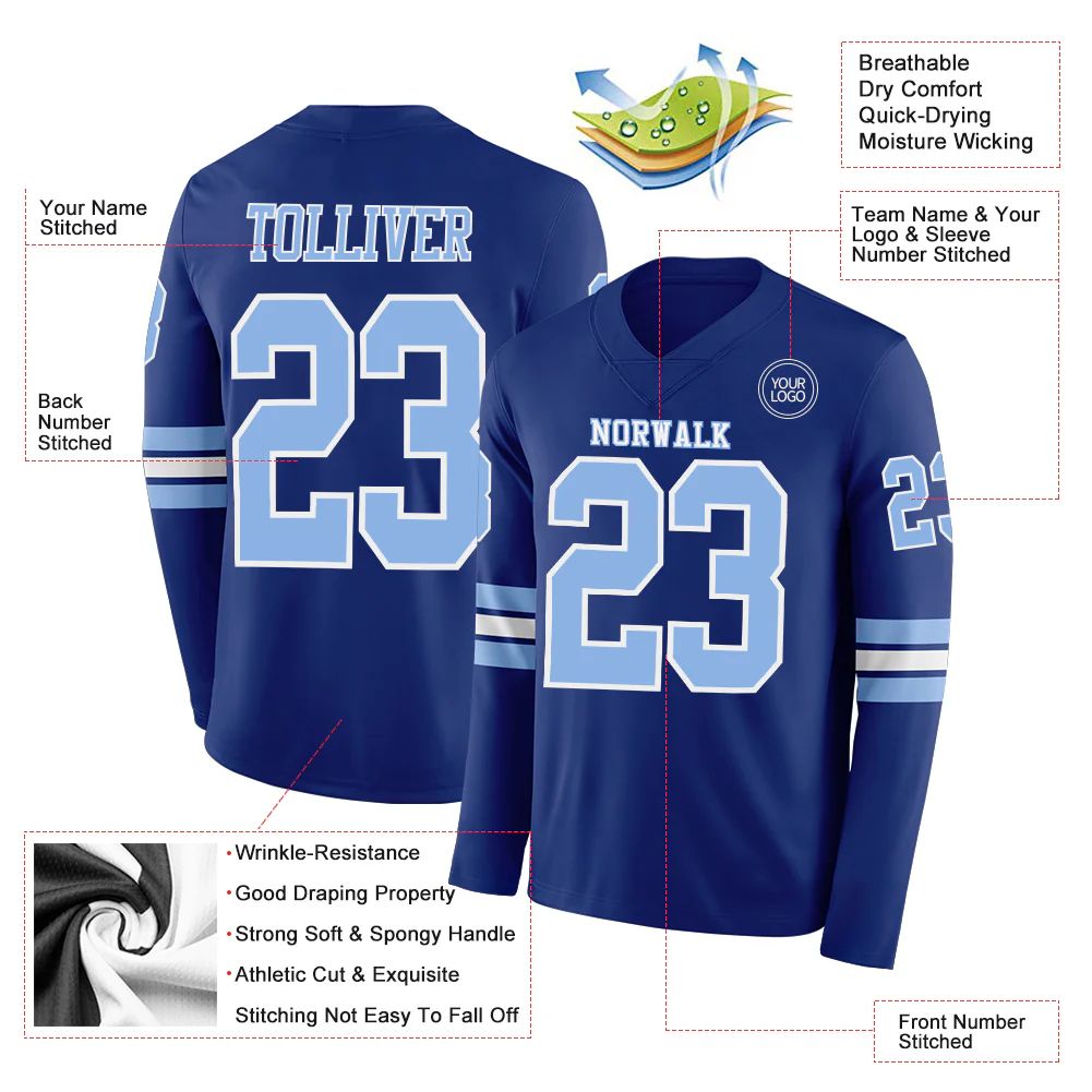 Custom Royal Light Blue-White Long Sleeve Authentic Football Jersey