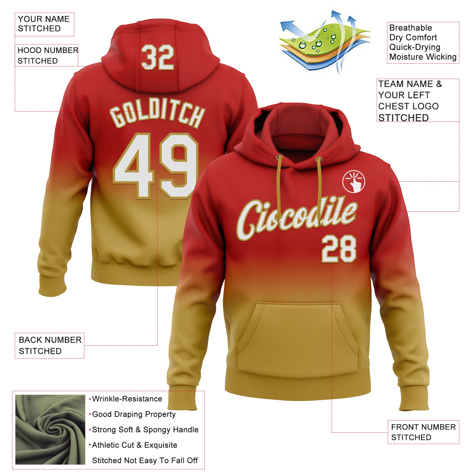 Custom Stitched Red White-Old Gold Fade Fashion Sports Pullover Sweatshirt Hoodie