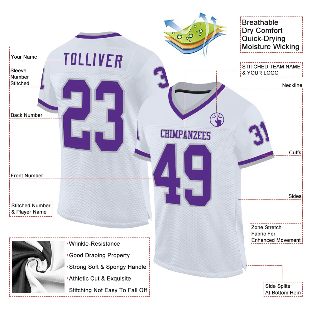 Custom White Purple-Gray Mesh Authentic Throwback Football Jersey