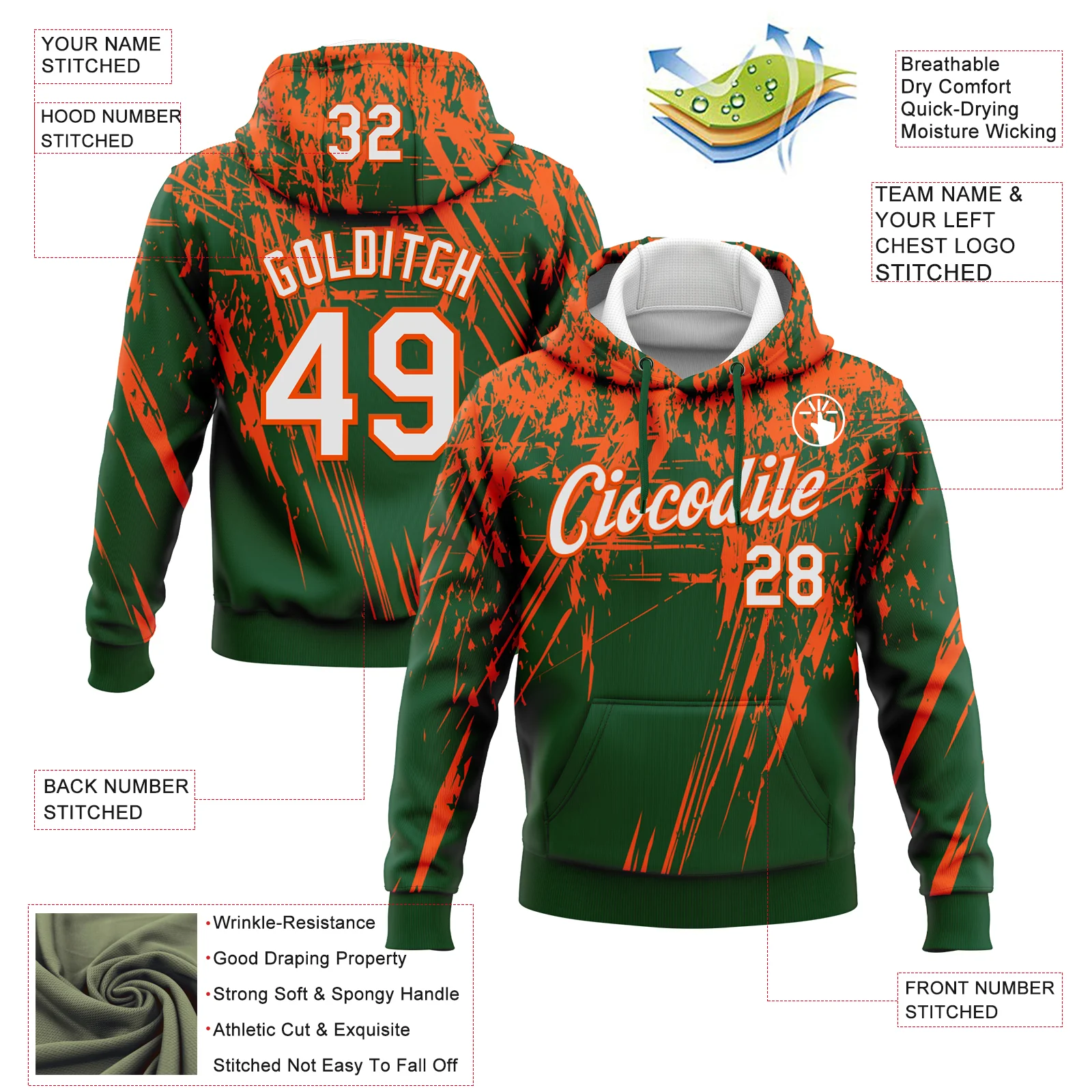 Custom Stitched Green White-Orange 3D Pattern Design Splash Grunge Art Sports Pullover Sweatshirt Hoodie