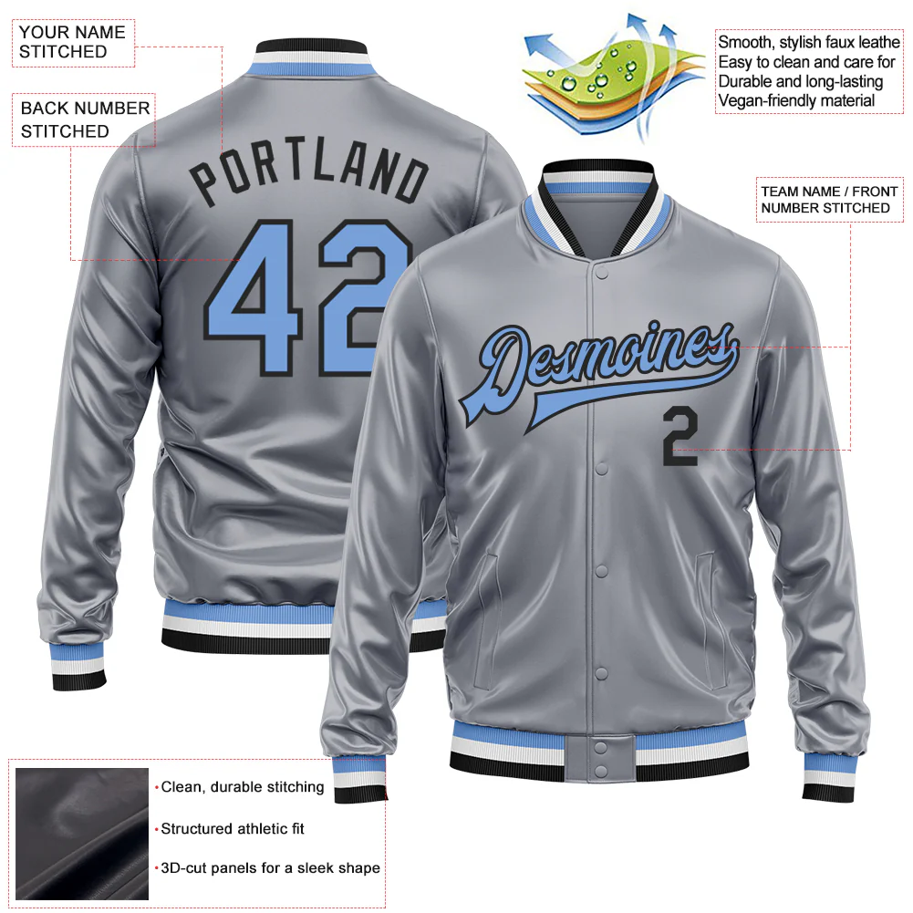 Custom Gray Light Blue-Black Bomber Full-Snap Varsity Faux Leather Letterman Jacket