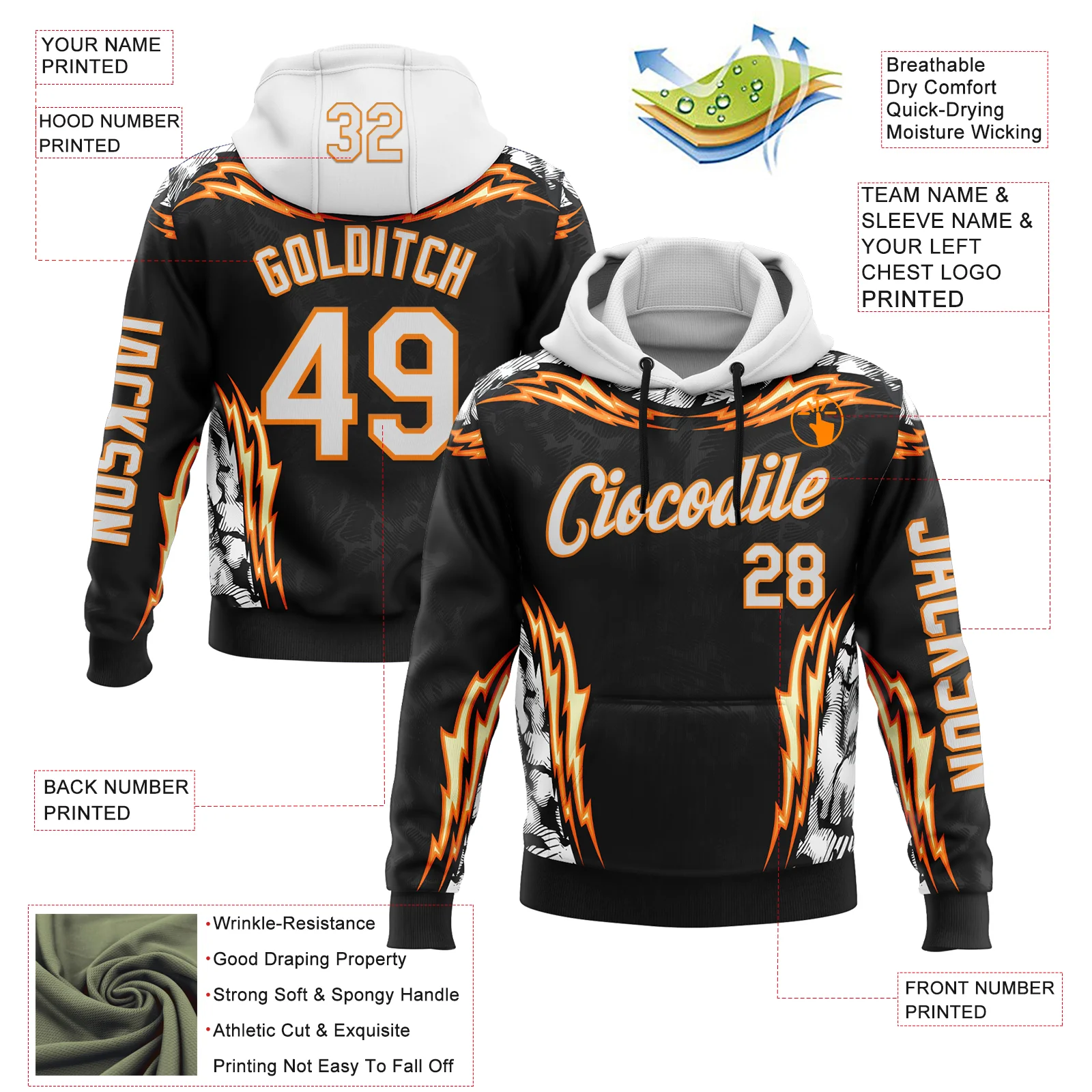 Custom Black White-Bay Orange 3D Abstract Flame Sports Pullover Sweatshirt Hoodie