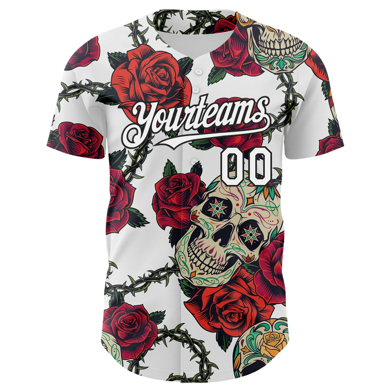 Custom White Black 3D Mexican Skull And Flower Authentic Baseball Jersey