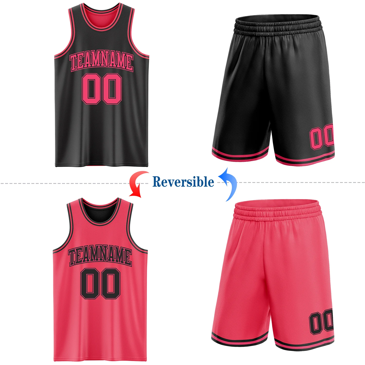 Custom Reversible Black Neon Pink Double Side Sublimation Basketball Suit Jersey