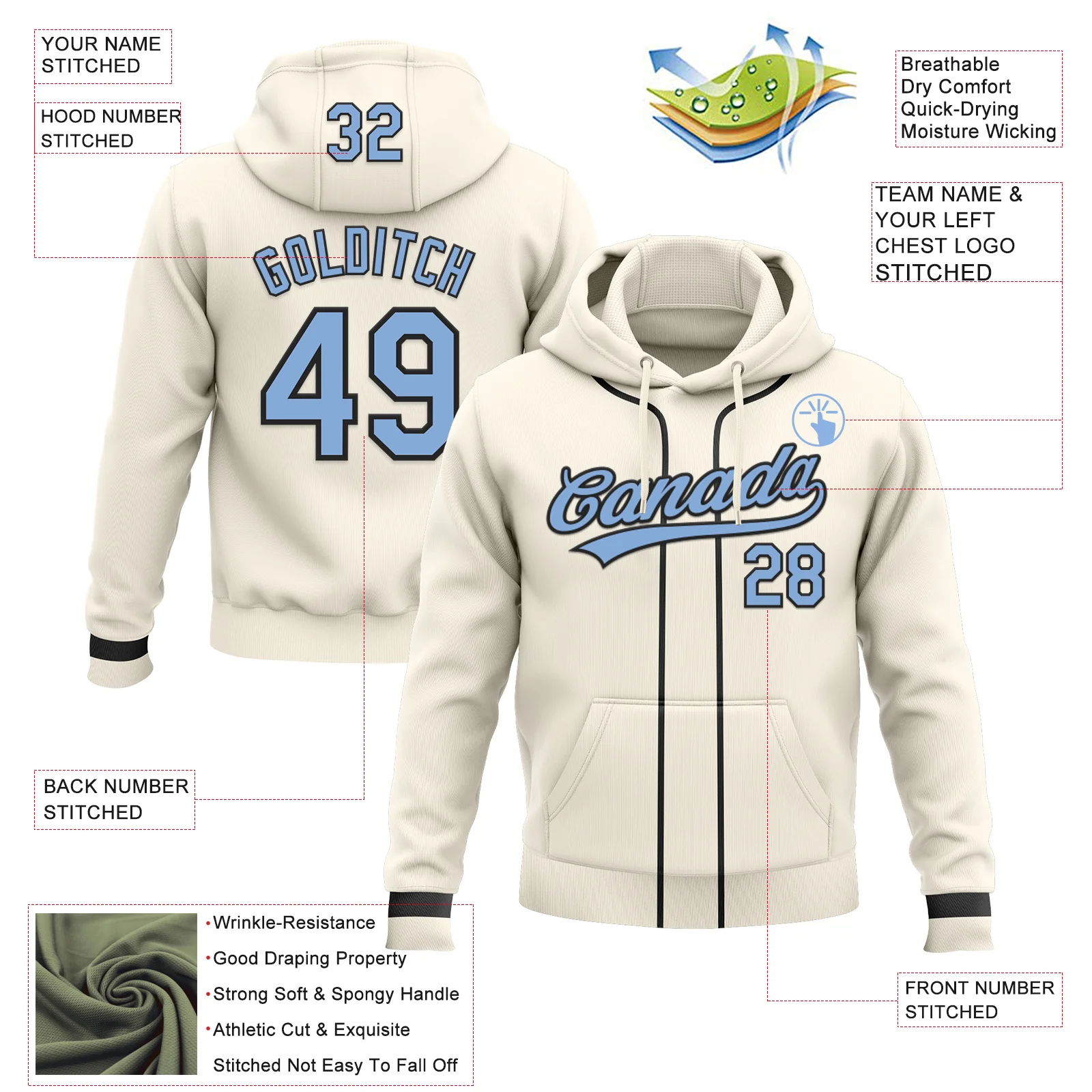 Custom Stitched Cream Light Blue-Black Baseball Pullover Sweatshirt Hoodie