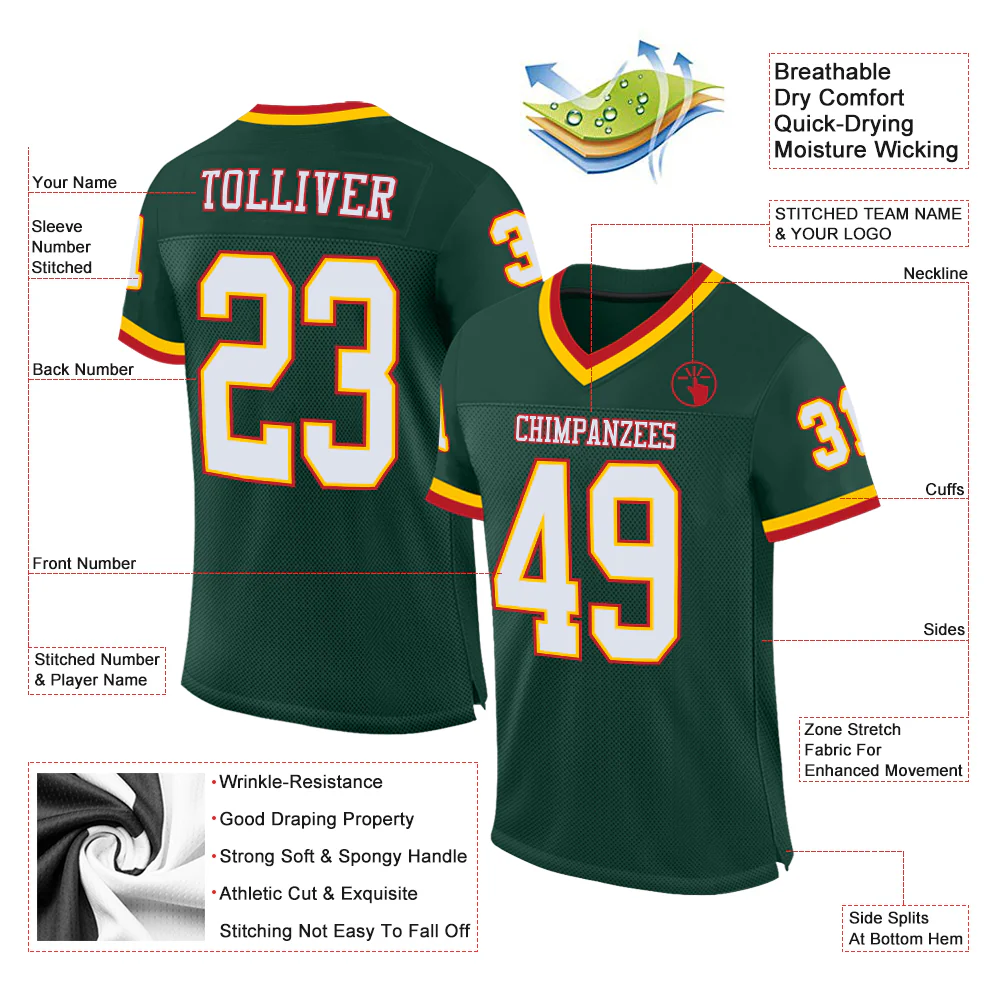 Custom Green White-Red Mesh Authentic Throwback Football Jersey