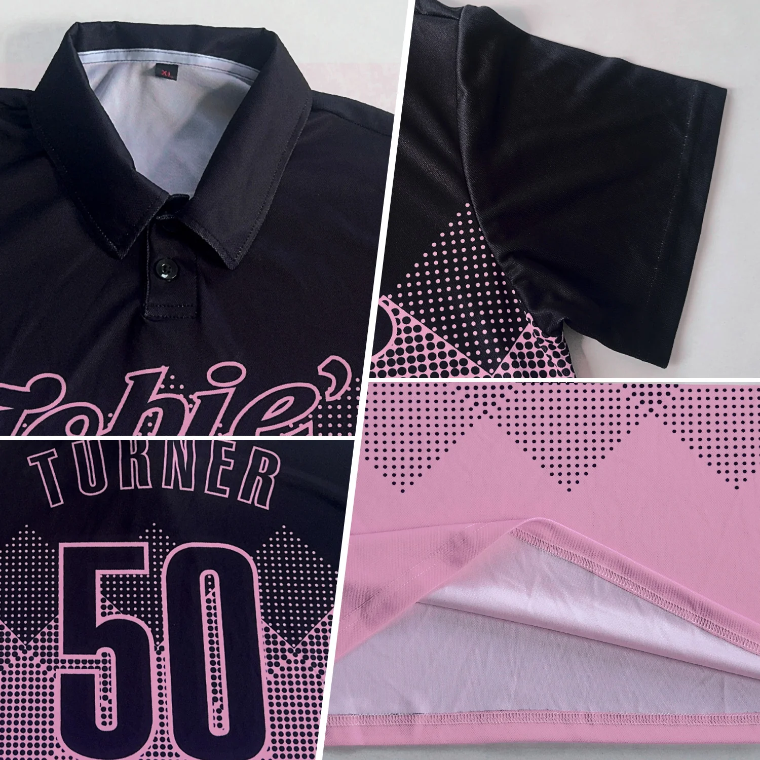 Custom Black Light Pink 3D Pattern Design Gradient Square Shape Performance Polo Shirt
