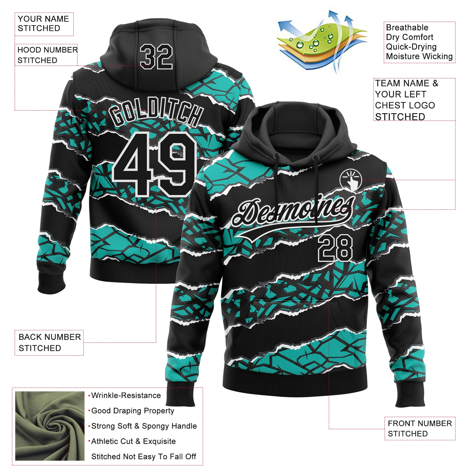 Custom Stitched Black Aqua-White 3D Pattern Design Torn Paper Style Sports Pullover Sweatshirt Hoodie