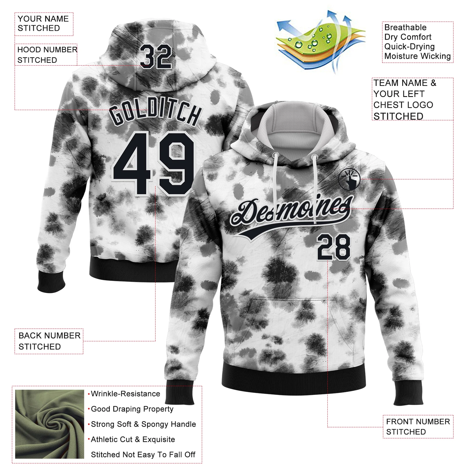 Custom Stitched Tie Dye Black-White 3D Sports Pullover Sweatshirt Hoodie