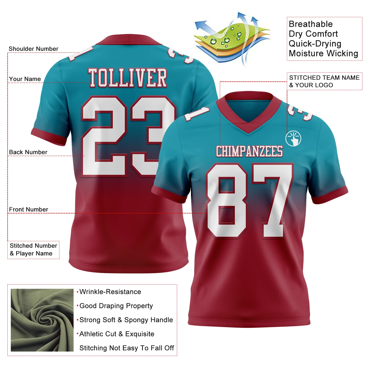 Custom Teal White-Cardinal Authentic Fade Fashion Football Jersey