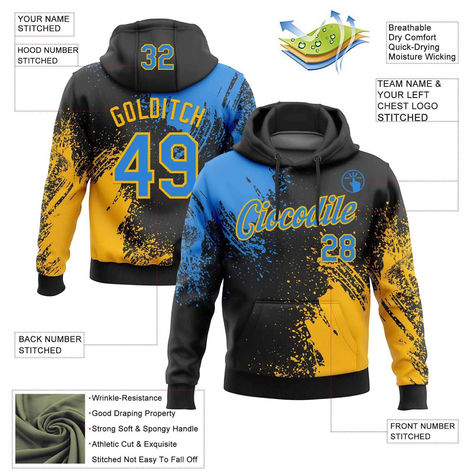 Custom Stitched Black Powder Blue-Gold 3D Pattern Design Abstract Brush Stroke Sports Pullover Sweatshirt Hoodie