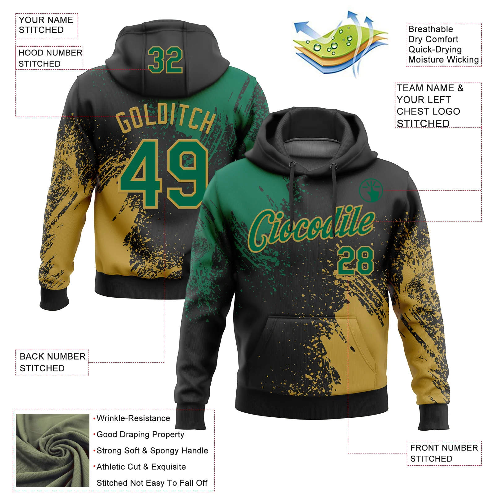 Custom Stitched Black Kelly Green-Old Gold 3D Pattern Design Abstract Brush Stroke Sports Pullover Sweatshirt Hoodie