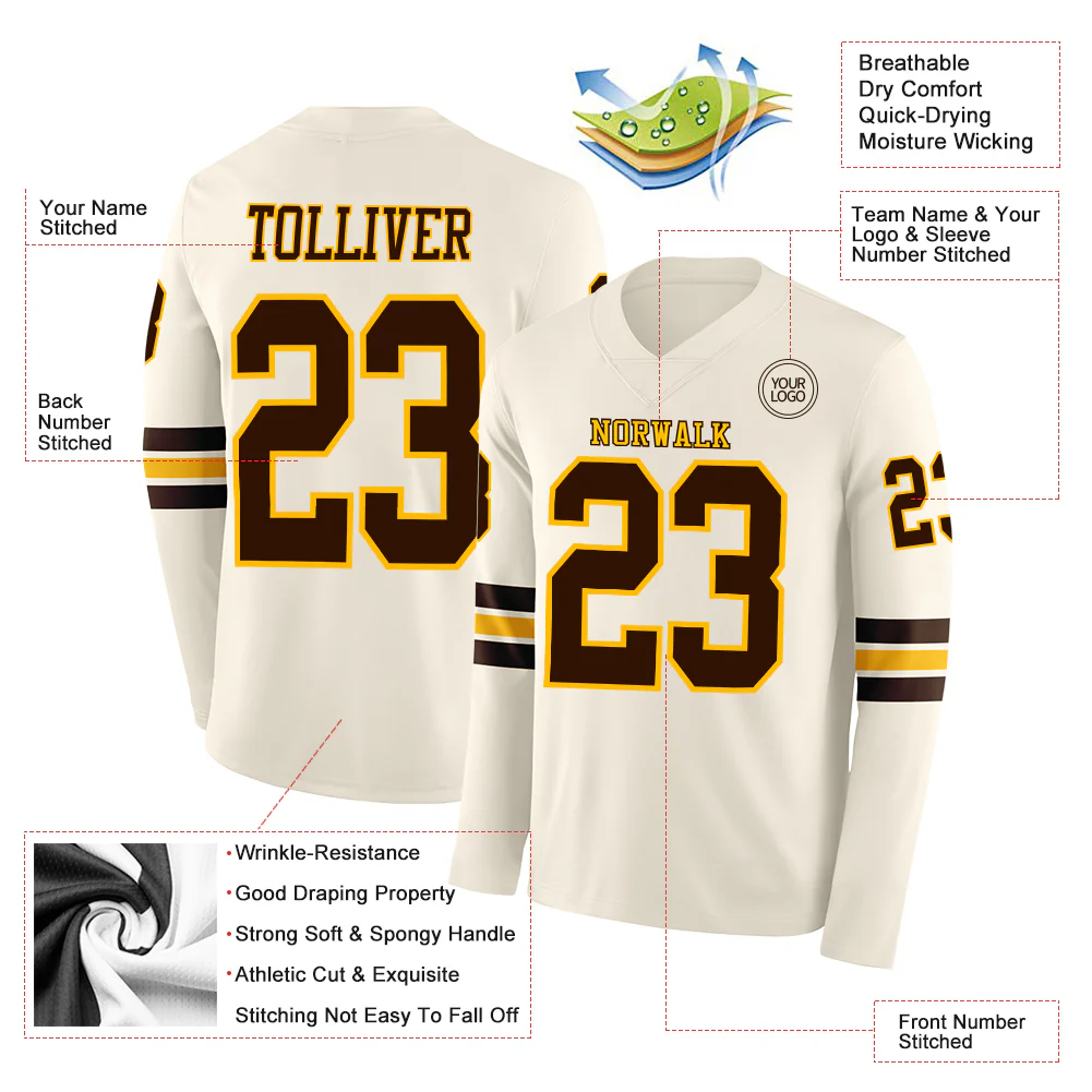 Custom Cream Brown-Gold Long Sleeve Authentic Football Jersey