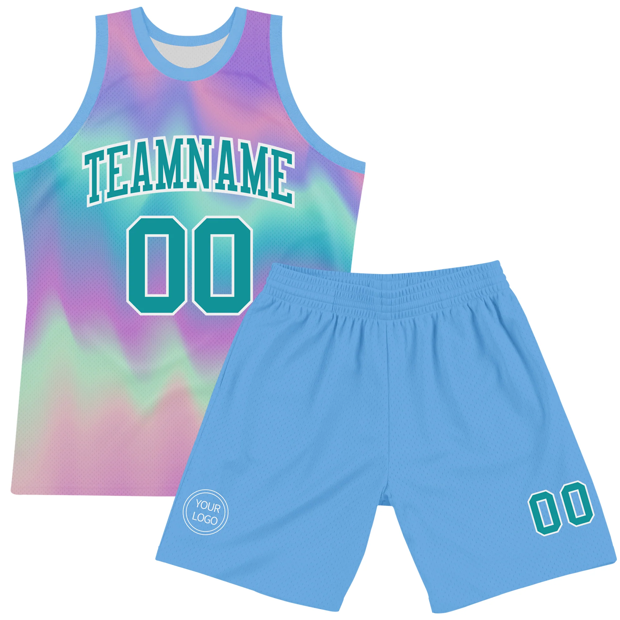 Custom Tie Dye Teal-White Round Neck Sublimation Basketball Suit Jersey