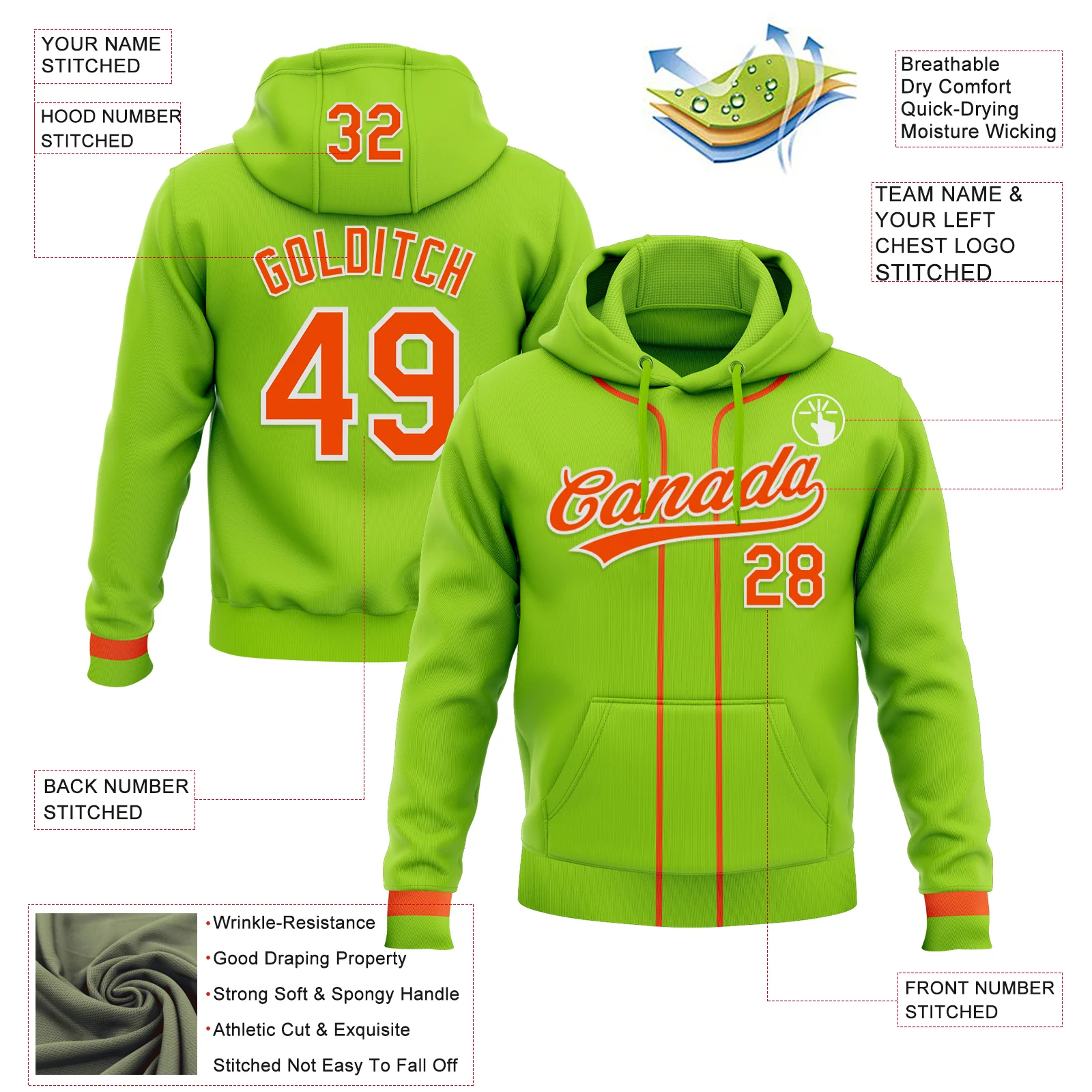 Custom Stitched Neon Green Orange-White Baseball Pullover Sweatshirt Hoodie