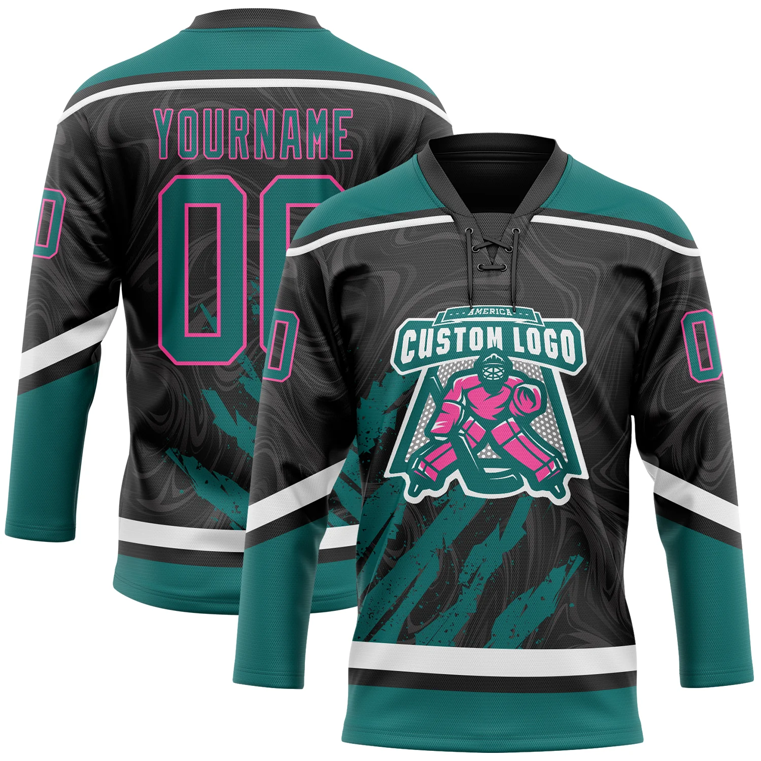 Custom Black Teal Pink-White 3D Splash Art Hockey Lace Neck Jersey