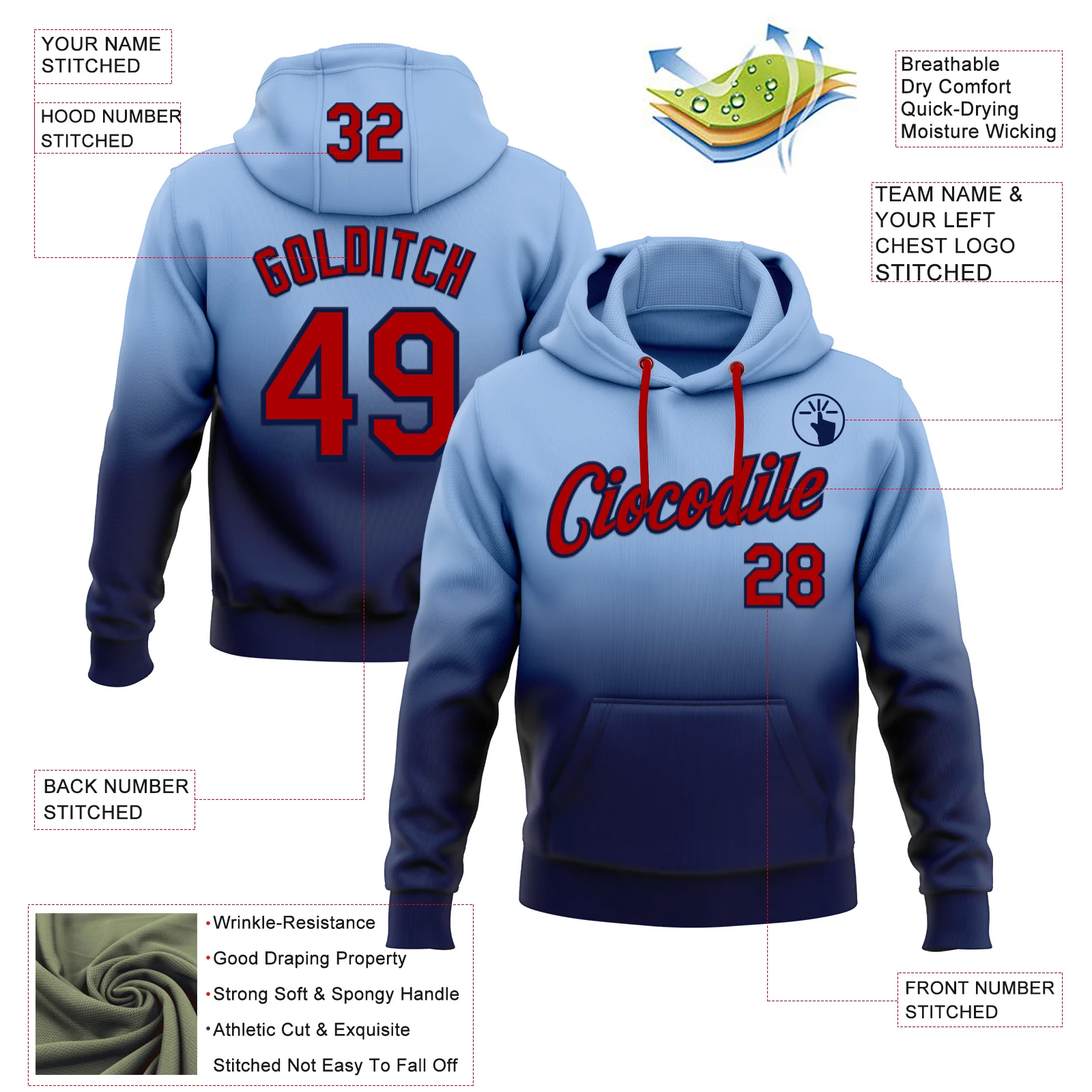Custom Stitched Light Blue Red-Navy Fade Fashion Sports Pullover Sweatshirt Hoodie