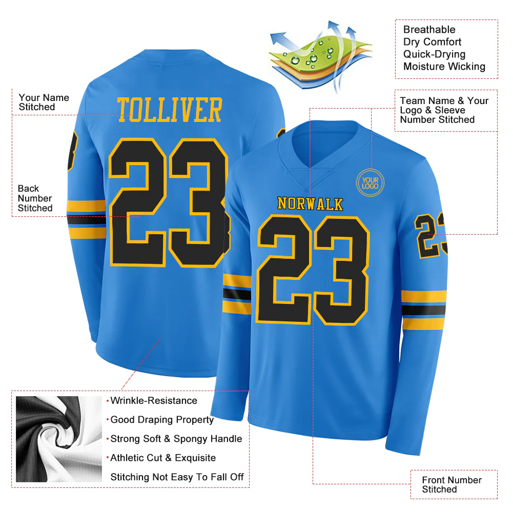 Custom Powder Blue Black-Gold Long Sleeve Authentic Football Jersey