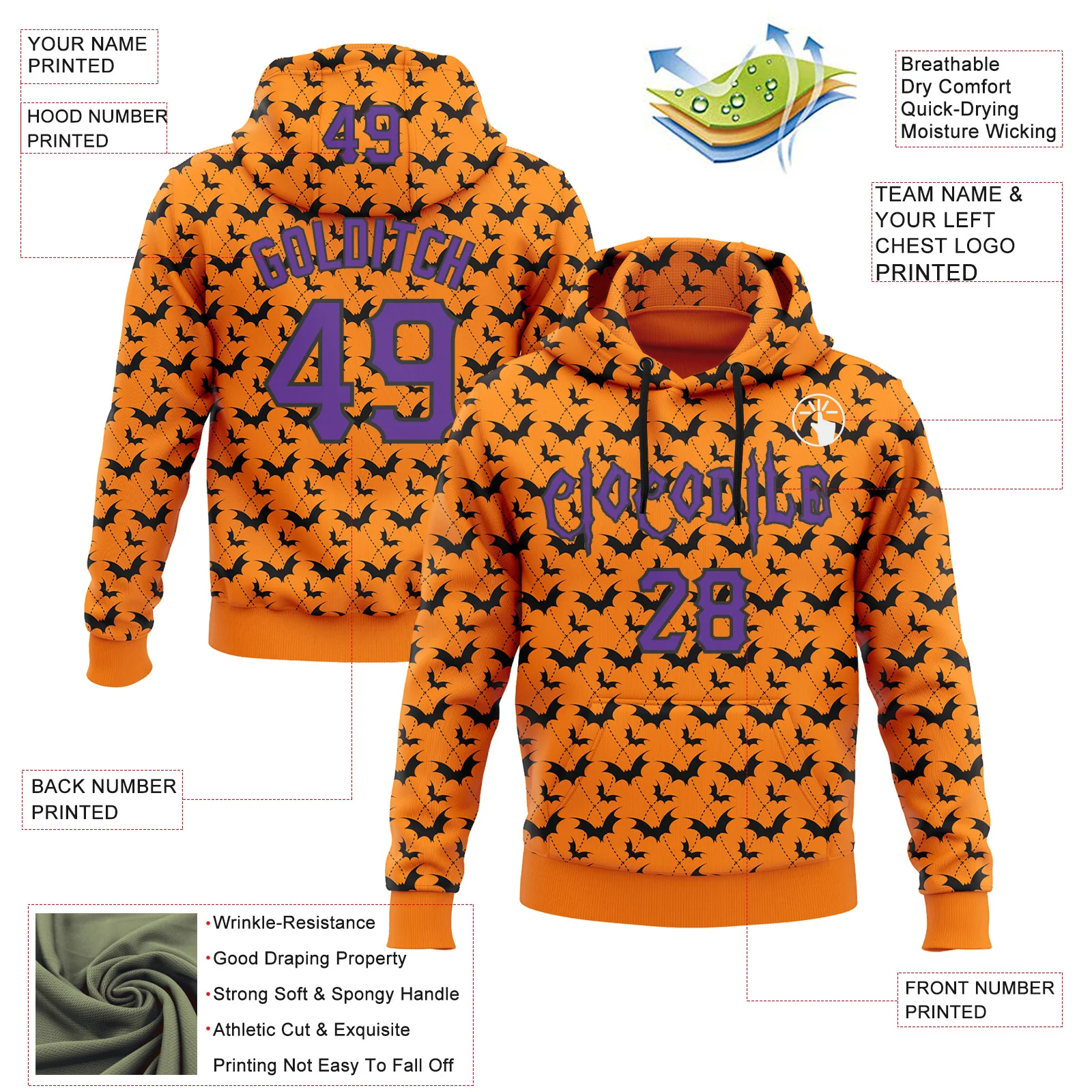 Custom Bay Orange Purple-Black 3D Halloween Bat Party Costume Ideas Sports Pullover Sweatshirt Hoodie