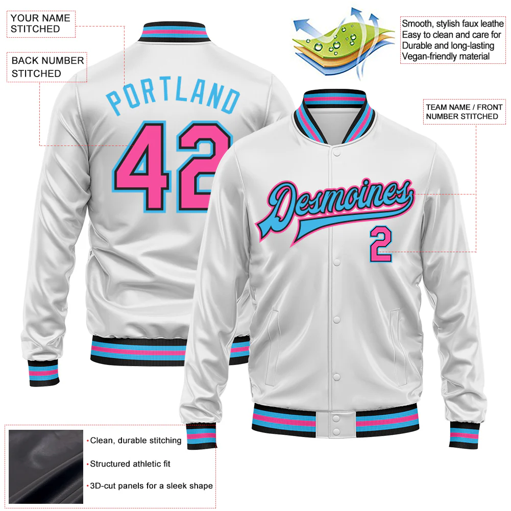 Custom White Pink Sky Blue-Black Bomber Full-Snap Varsity Faux Leather Letterman Jacket