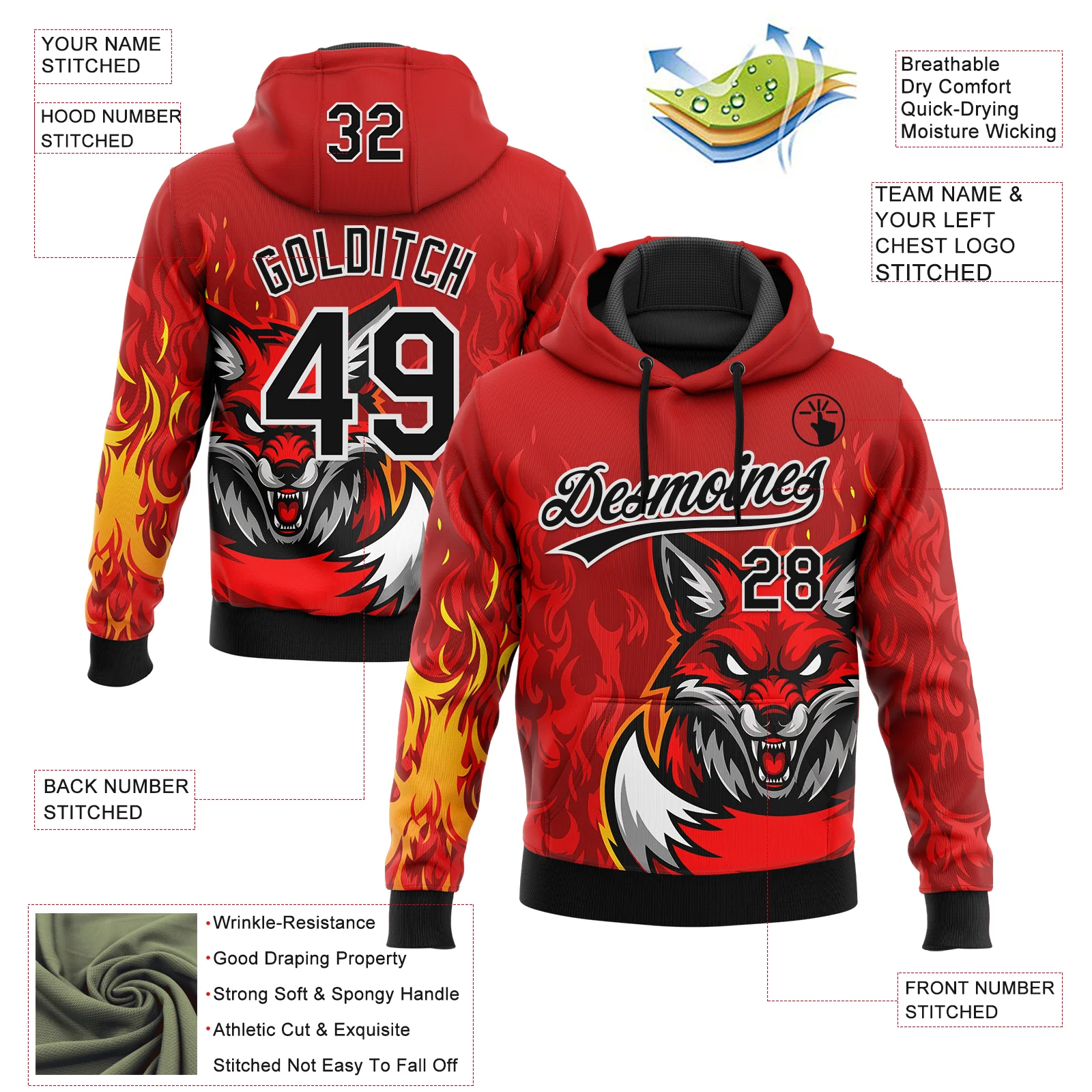 Custom Stitched Red Black Yellow-White 3D Pattern Design Flame Fox Sports Pullover Sweatshirt Hoodie