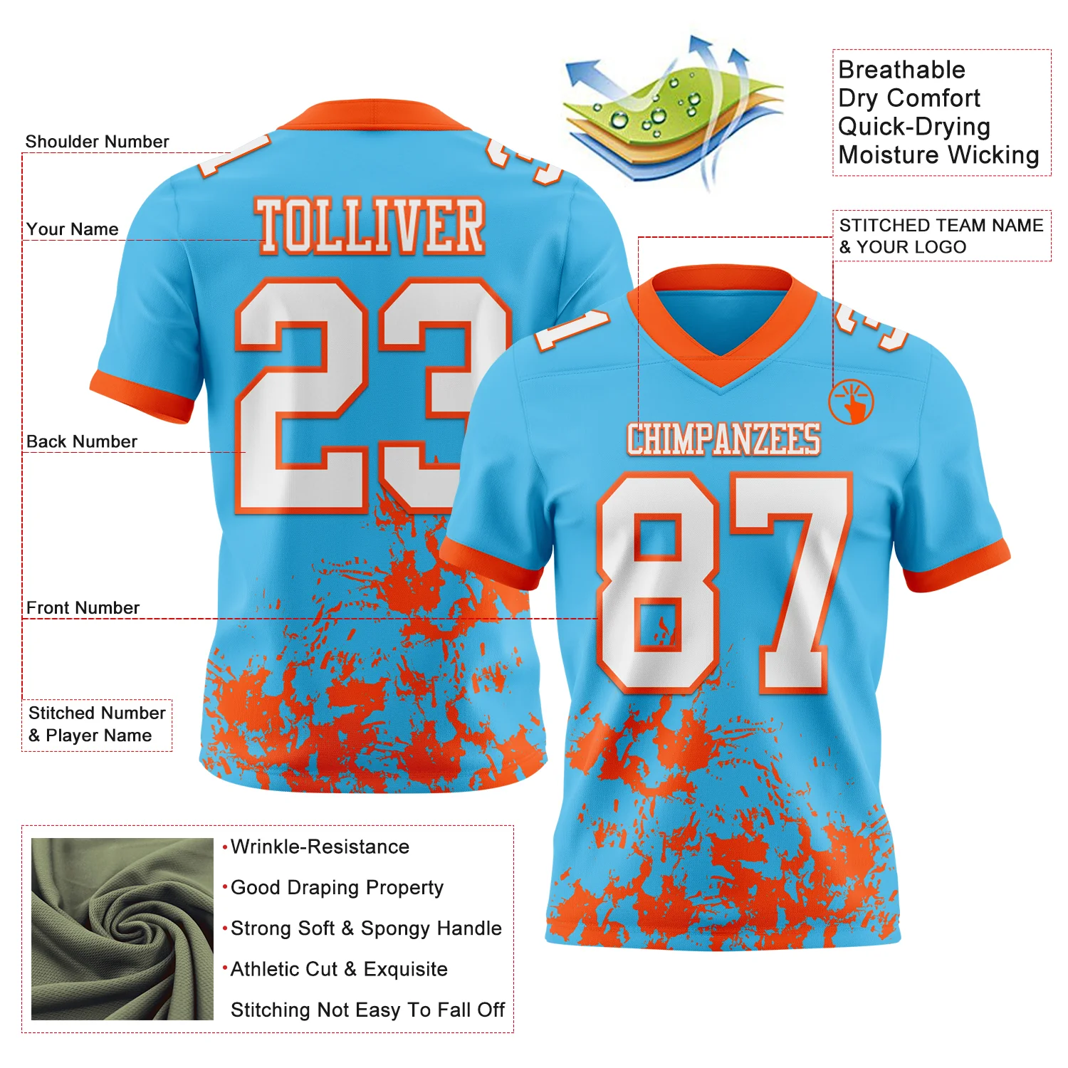 Custom Sky Blue White-Orange 3D Pattern Splash Authentic Football Jersey