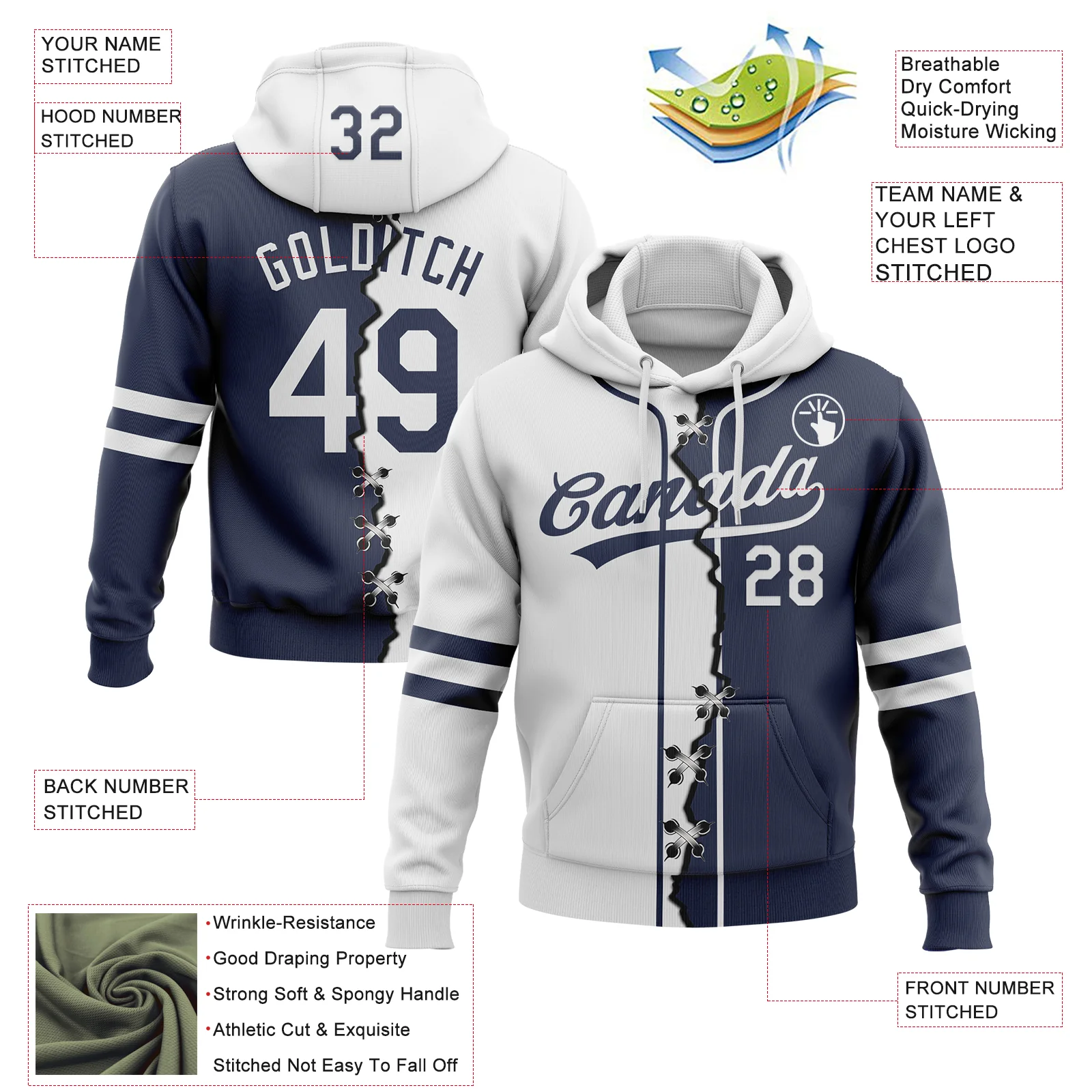 Custom Navy White Split Ripped Pattern Baseball Pullover Sweatshirt Hoodie