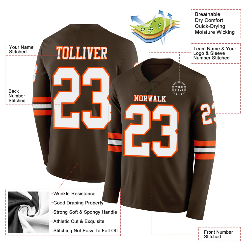 Custom Brown White-Orange Long Sleeve Authentic Football Jersey